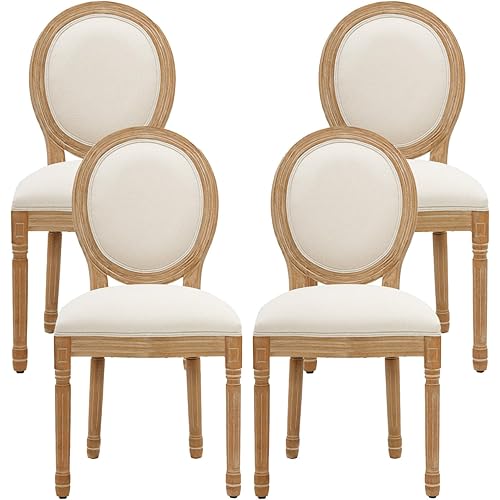 Furniliving French Country Dining Chairs Set of 4, Upholstered Dining Room Chairs with Round Back Farmhouse Kitchen Chairs for Living Room, Kitchen, Restaurant (Beige-Round)