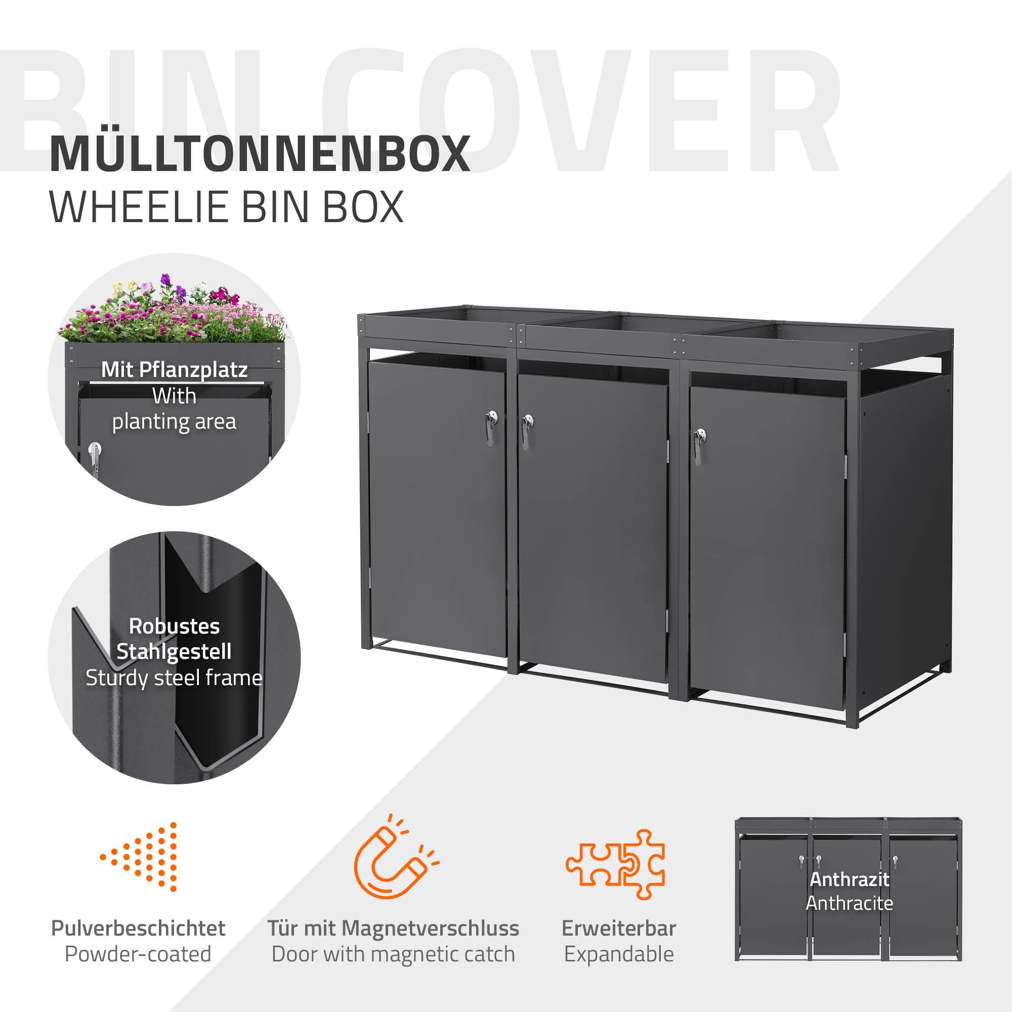 ML-Design Copribidone per Spazzatura con Tetto a Fioriera per 3 Cestini 240L 200x80x124 cm Antracite Acciaio Resistente alle Intemperie Contenitore per 3 Pattumiere Copri Bidone per Rifiuti