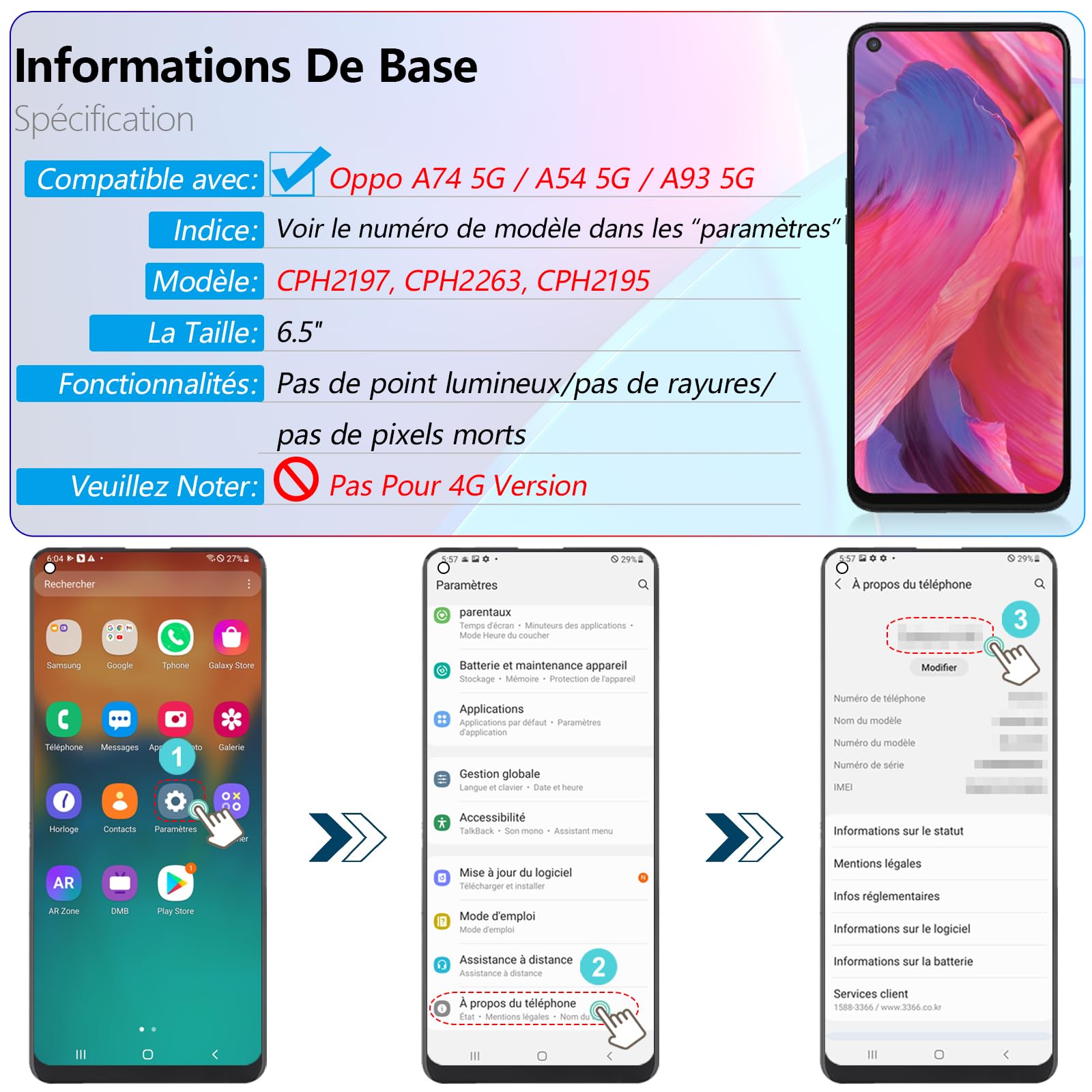 RongZy Écran de Rechange pour 6.5" Oppo A74 5G / A54 5G / A93 5G Écran LCD + Vitre Numériseur Tactile Capteur Assemblé Remplacement pour CPH2197 CPH2263 CPH2195(Noir)