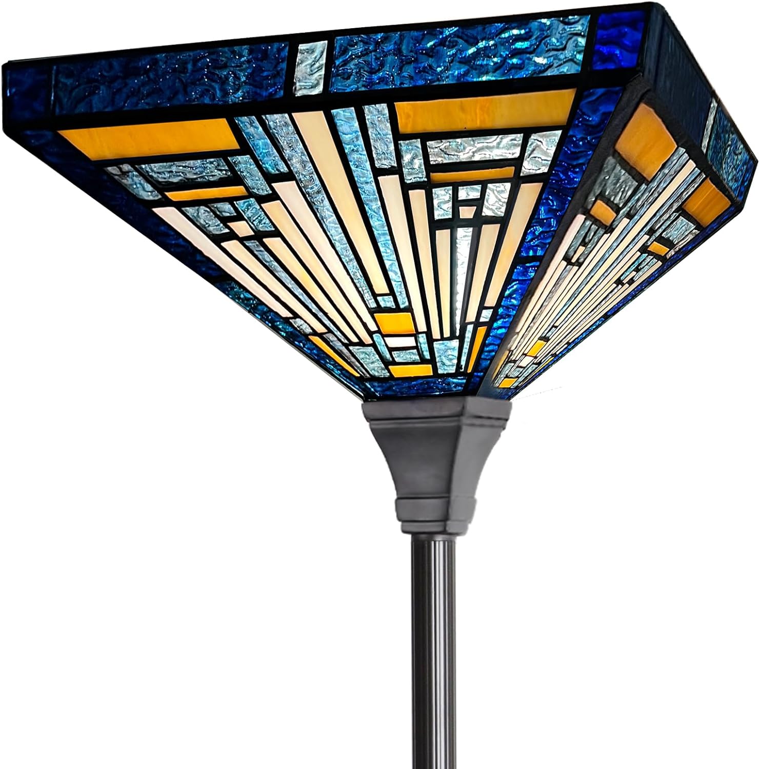 Capulina Tiffany Lamp Stained Glass Torchiere Floor Lamp,70 Inches Tall Industrial Blackish Bronze Pole Blue Amber Rustic Tiffany Style Standing Floor Lamp for Living Room Bedroom Study Home Office