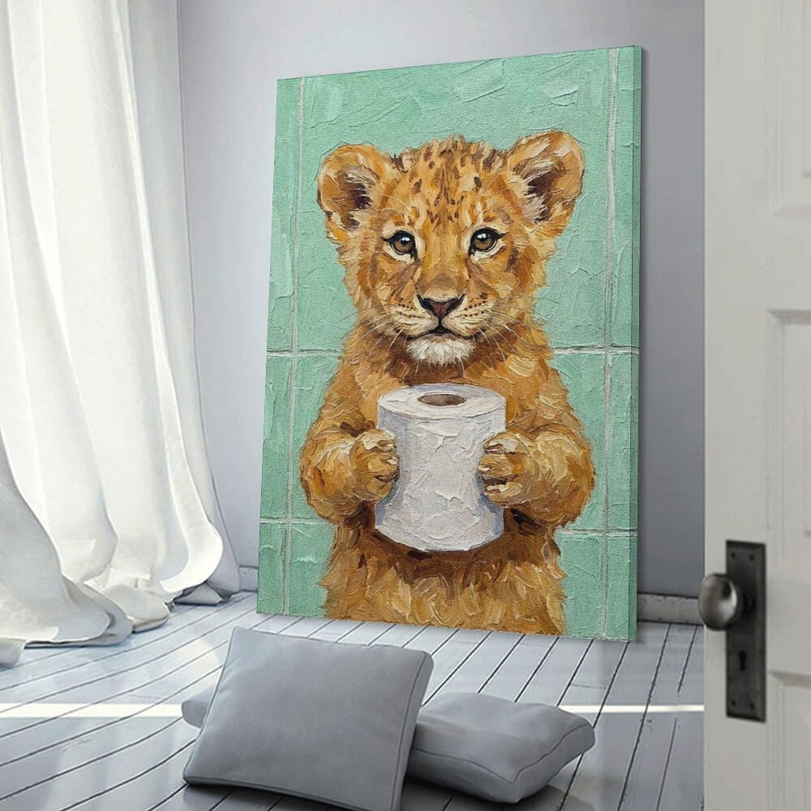 Junmoney Frame-Style-11 Lion Cub With Toilet Paper Painting Hanging Wall Art, 20X30inch(50X75cm), For Bedroom Decor, Cosy Corners Or Studios, An Easy Wall Refresh For Bedrooms