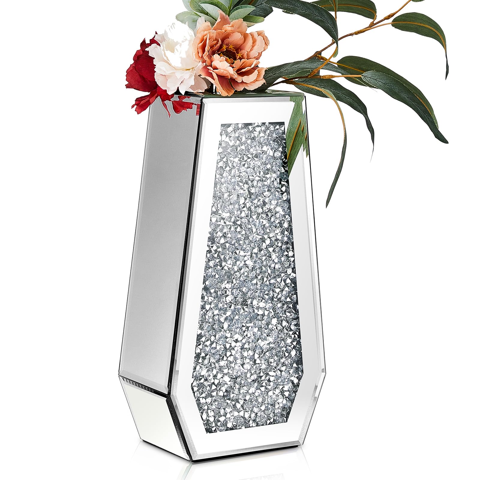 Bokon Crushed Diamond Mirrored Vase Flower Vases Decorative Bling Crystal Mirror Vase Large Table Silver Vases for Decor Tall Glass Vase for Home Centerpieces 14 Inch Can't Hold Water
