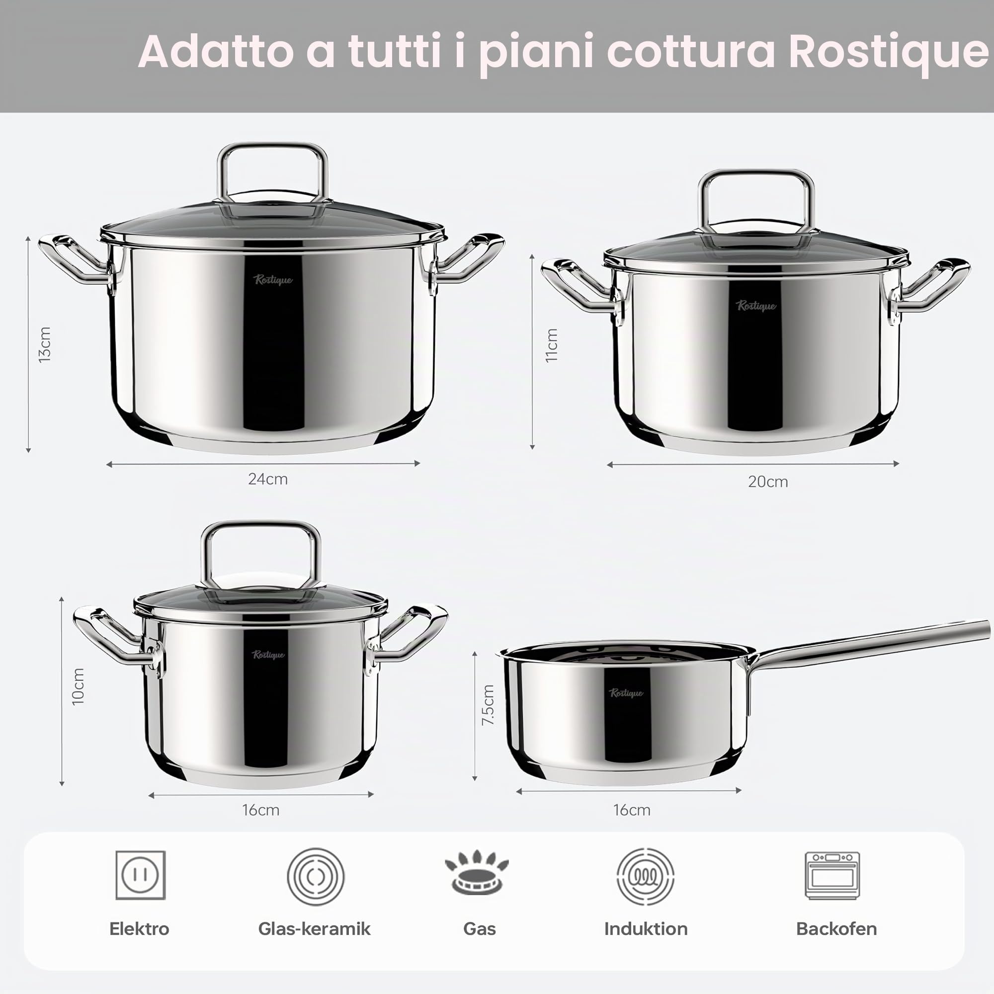 Set di 4 pentole in acciaio inox, pentola da 16 cm, pentola da 16/20/24 cm, adatta a tutti i piani cottura, con coperchio in vetro
