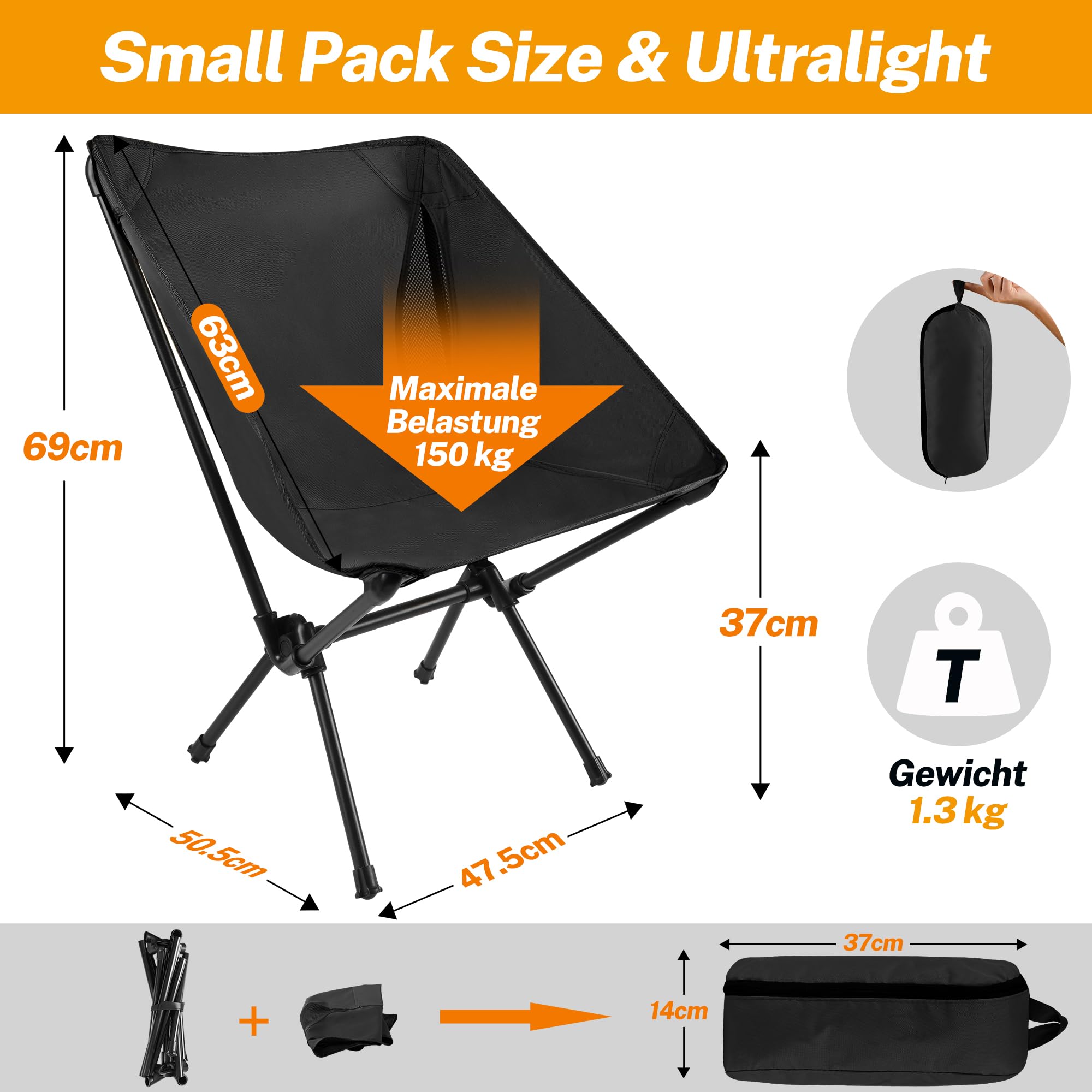 Chaise de camping pliable légère KUOGAS - 130 kg - Noir - Tissu Oxford acier inoxydable - Portable - Pliable - Camping, randonnée, pêche, plage