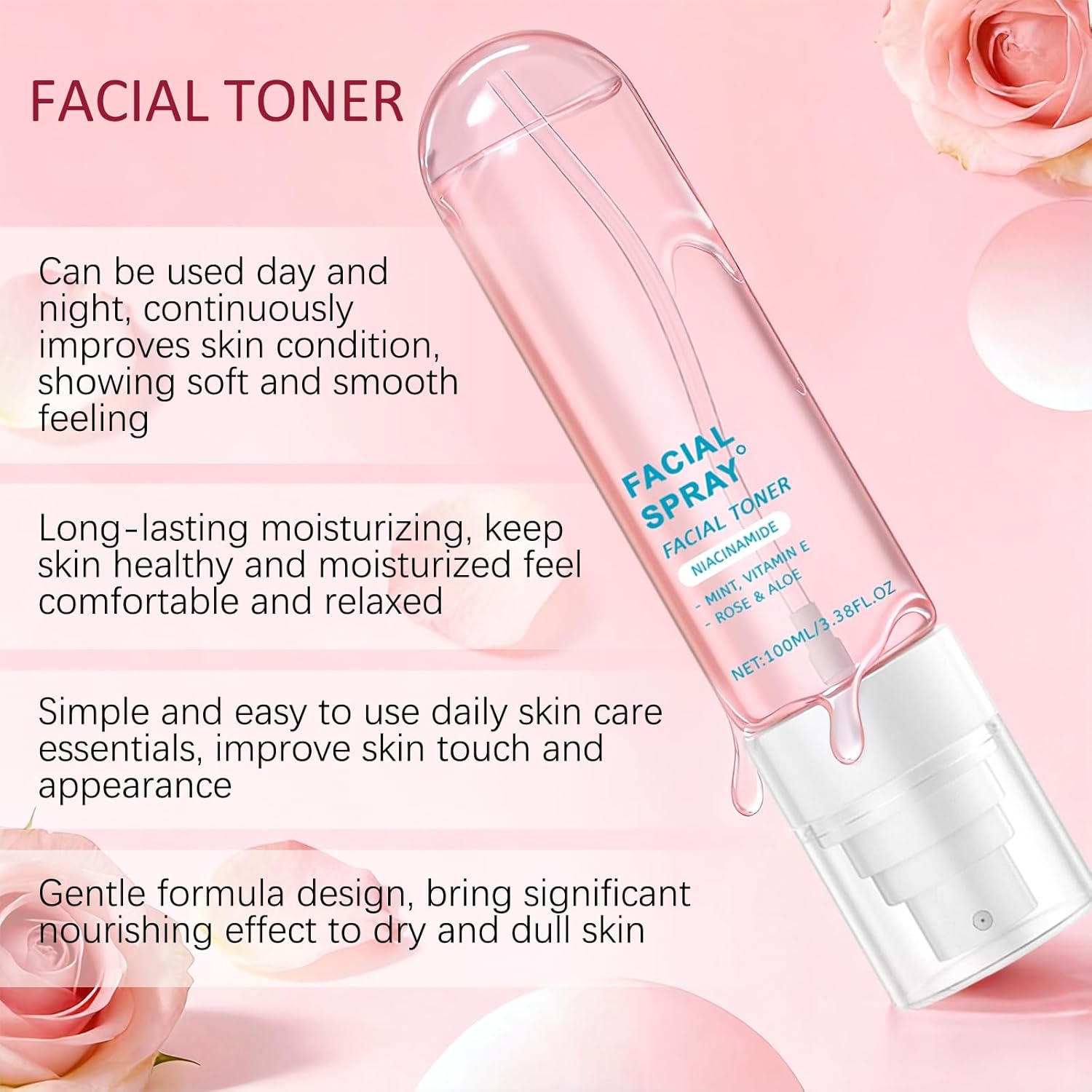 Nicotinamide Facial Spray with Rose, Aloe Extract & Vitamin E, Deep Hydration, Smooth and Hydrated Skin for All Skin Types, 3.38 fl oz - Image 4