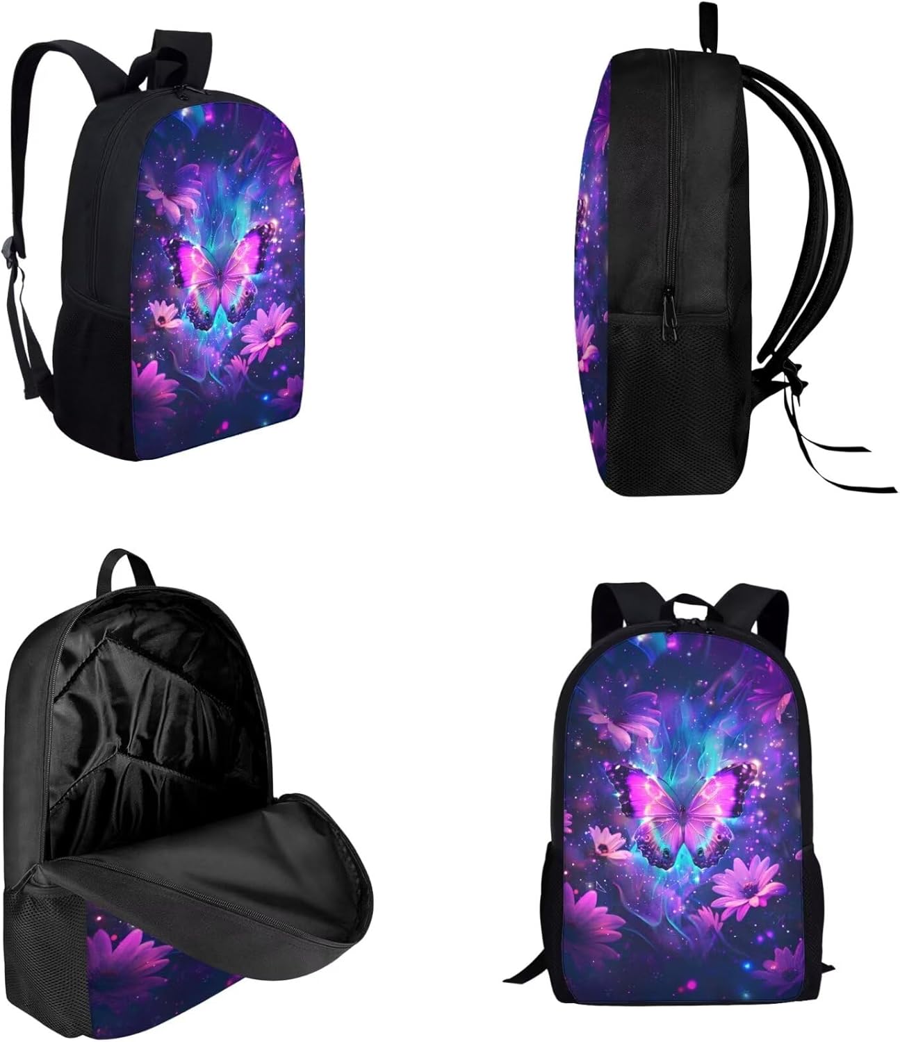Personalized Print Backpack And Lunch Bag Set for Boys Girls Dreamlike Floral Galaxy Butterfly Backpack with Lunch Box Pencil Case Lightweight Student Daypack Kids Purple 17 Inch School Bag