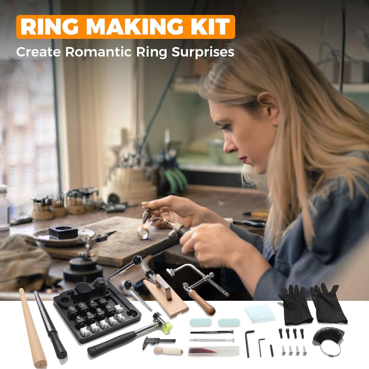 Sidasu 18 Pcs Ring Bending Tool, Spoon Ring Making Kit for DIY Jewelry, Ring Bender with Nylon Dies Set/Measurement Gauge, Precision Metal Craft Tool for Beginners & Professionals