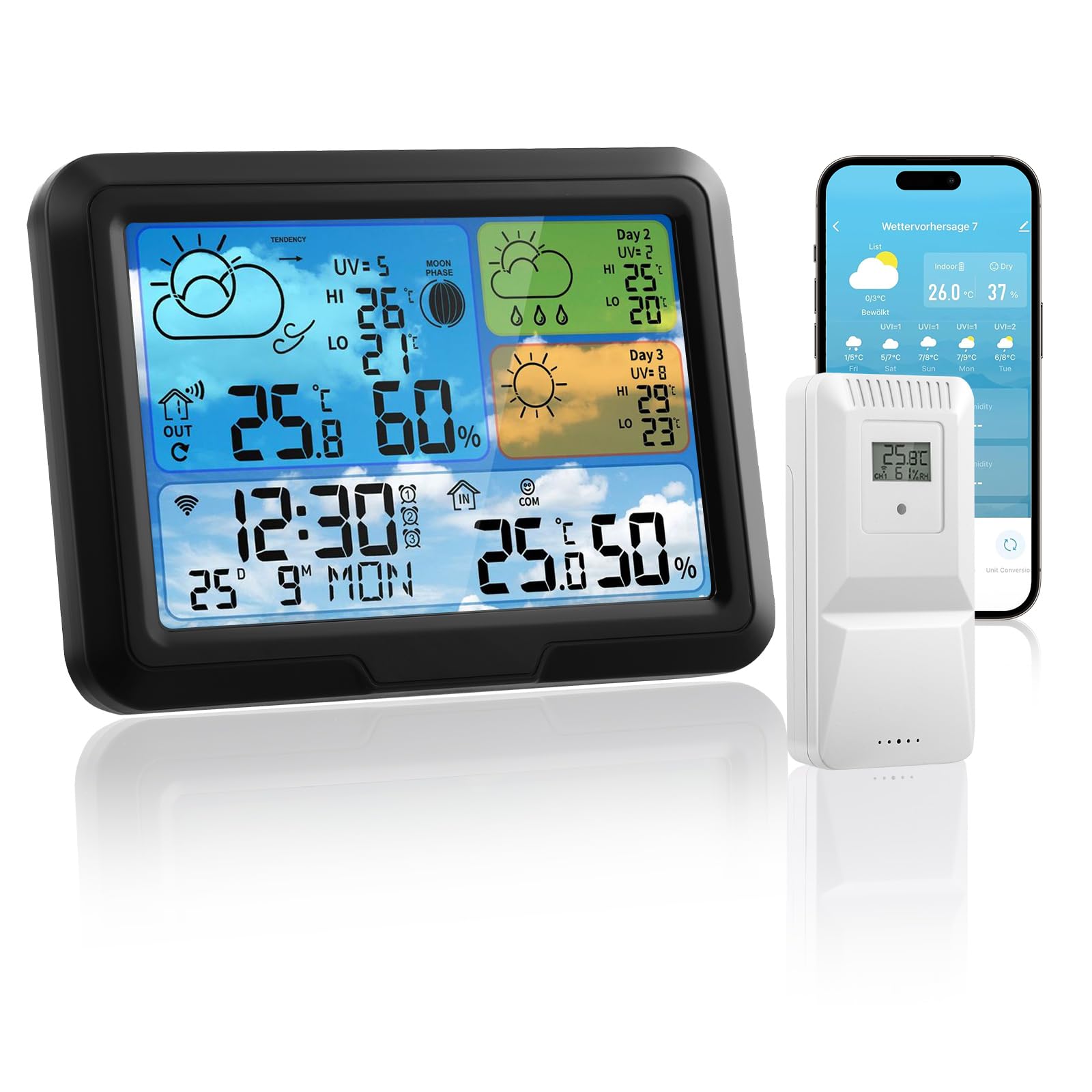 Station Météo Connectée Avec Capteur Extérieur,Avec App Tuya Et Smartlife,Écran Lcd Coloré,Alarme, Réveil,Prévision Météo,Station Météo Sans Fil Pour Interieur&Exterieur