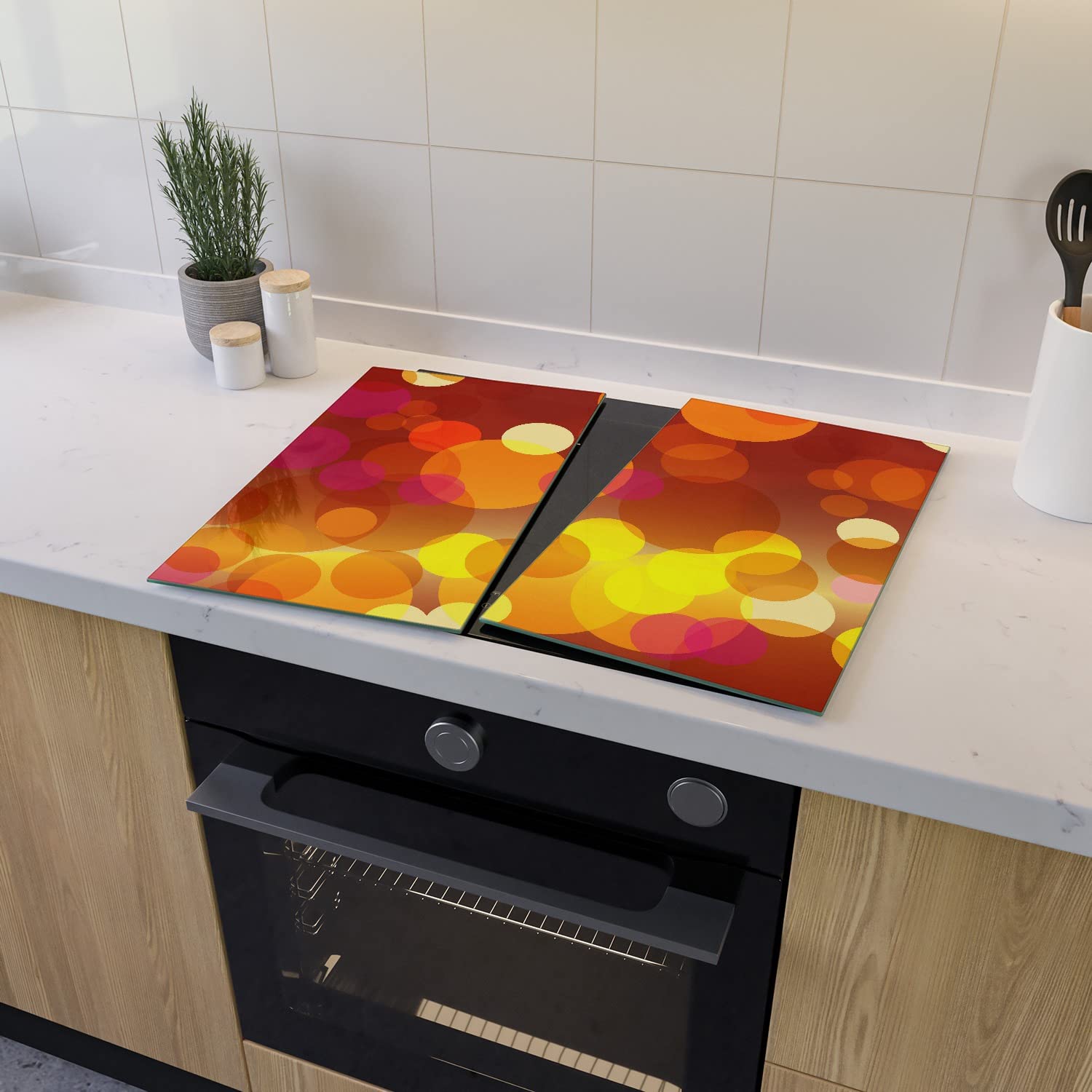 Wallario Herdabdeckplatte/Spritzschutz aus Glas, 2-teilig, 60x52cm mit 13mm hohen Füßen, für Ceran- und Induktionsherde, Rote gelbe und orange Kreise - harmonisches Muster