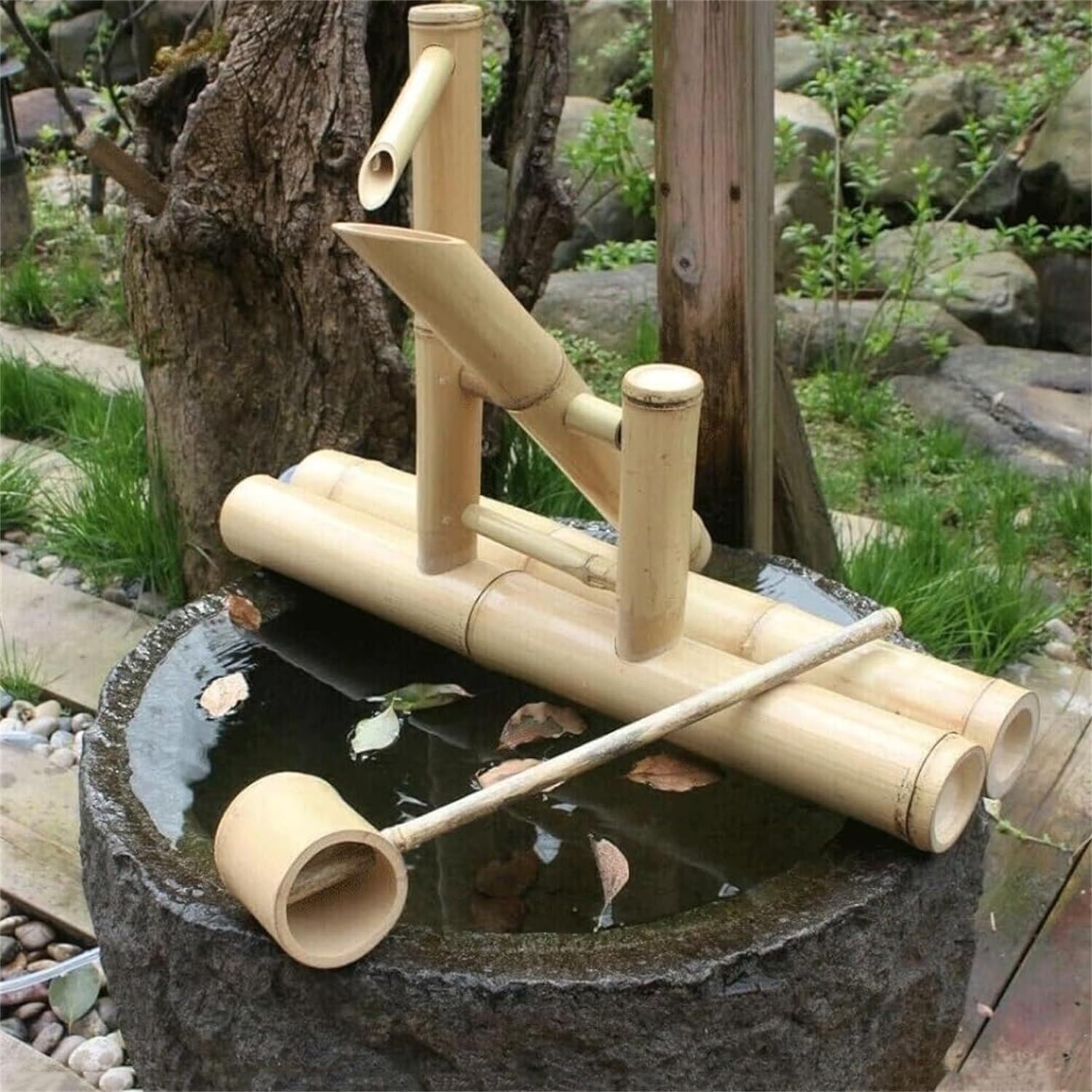 Bamboo Feng Shui Water Fountain, Freestanding Zen Garden Fountain with Water Pump, Outdoor/Indoor Water Circulation System