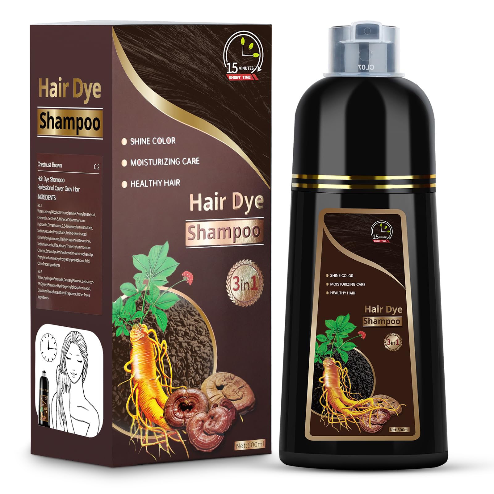 Hair Dye Shampoo for Gray Hair, 3 in 1 Herbal Shampoo Hair Dye for Women Men, Hair Color Shampoo 500ml (Chestnut)