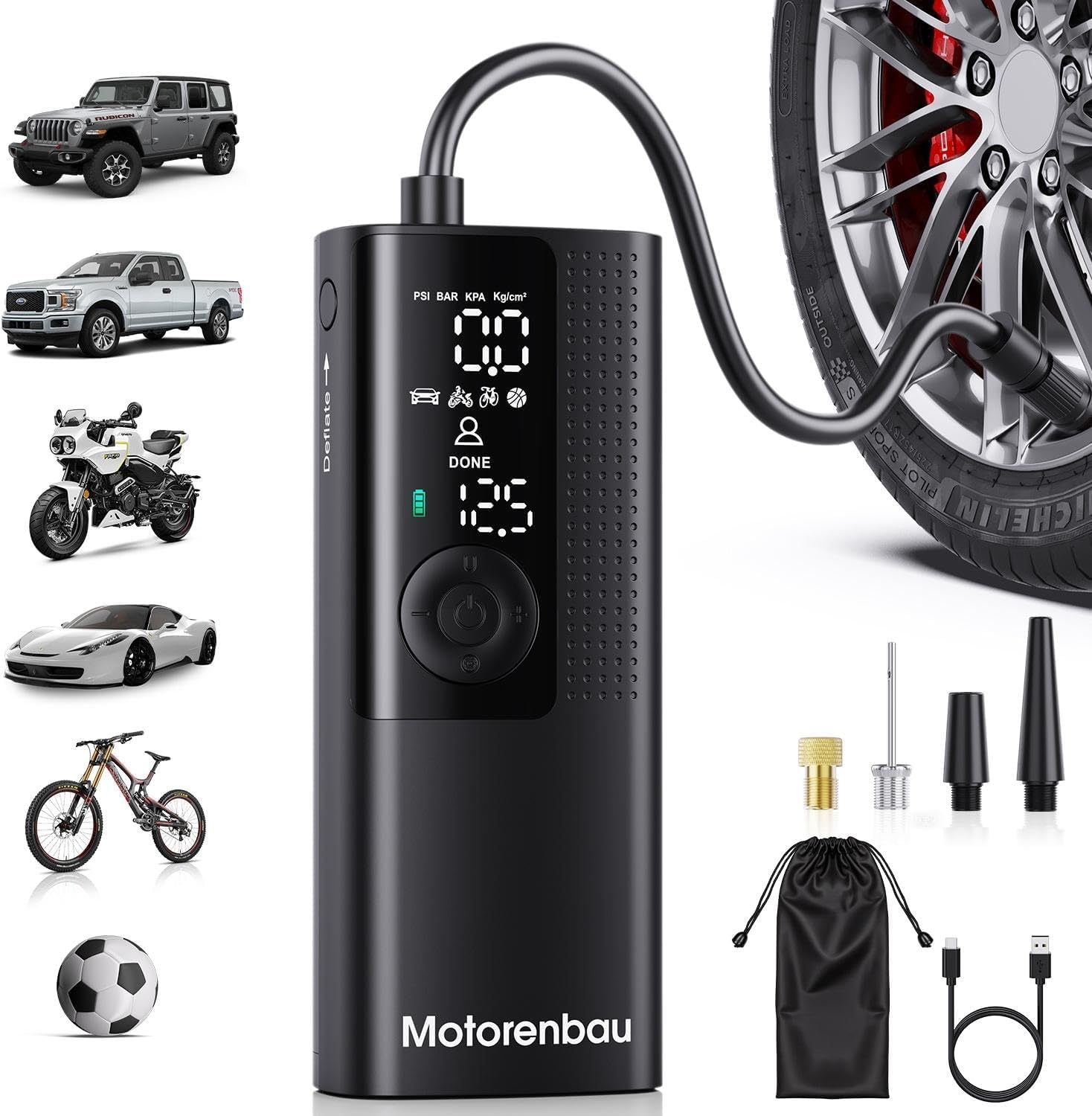 Gonfiatore Portatile per Pneumatici con compressore – Mini Pompa ad Aria Senza Fili con manometro Digitale, 150 PSI, Funzione di gonfiaggio rapido 3 Volte e Funzione di spegnimento
