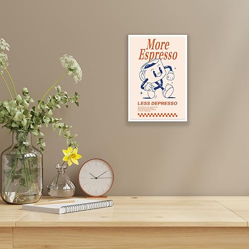 Miniatura 7 de Lienzo retro de café para pared, póster con texto en inglés "More Espresso Less Depresso", ideas de dibujos animados, impresiones de cocina, pintura