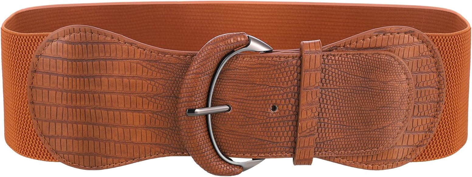 Women Stretchy Wide Waist Belt Ladies Fashion Elastic Belts with Hook Buckle Brown Retro Clasp Buckle Belt Cinch Belts for Dress Jumpsuit Long Coat