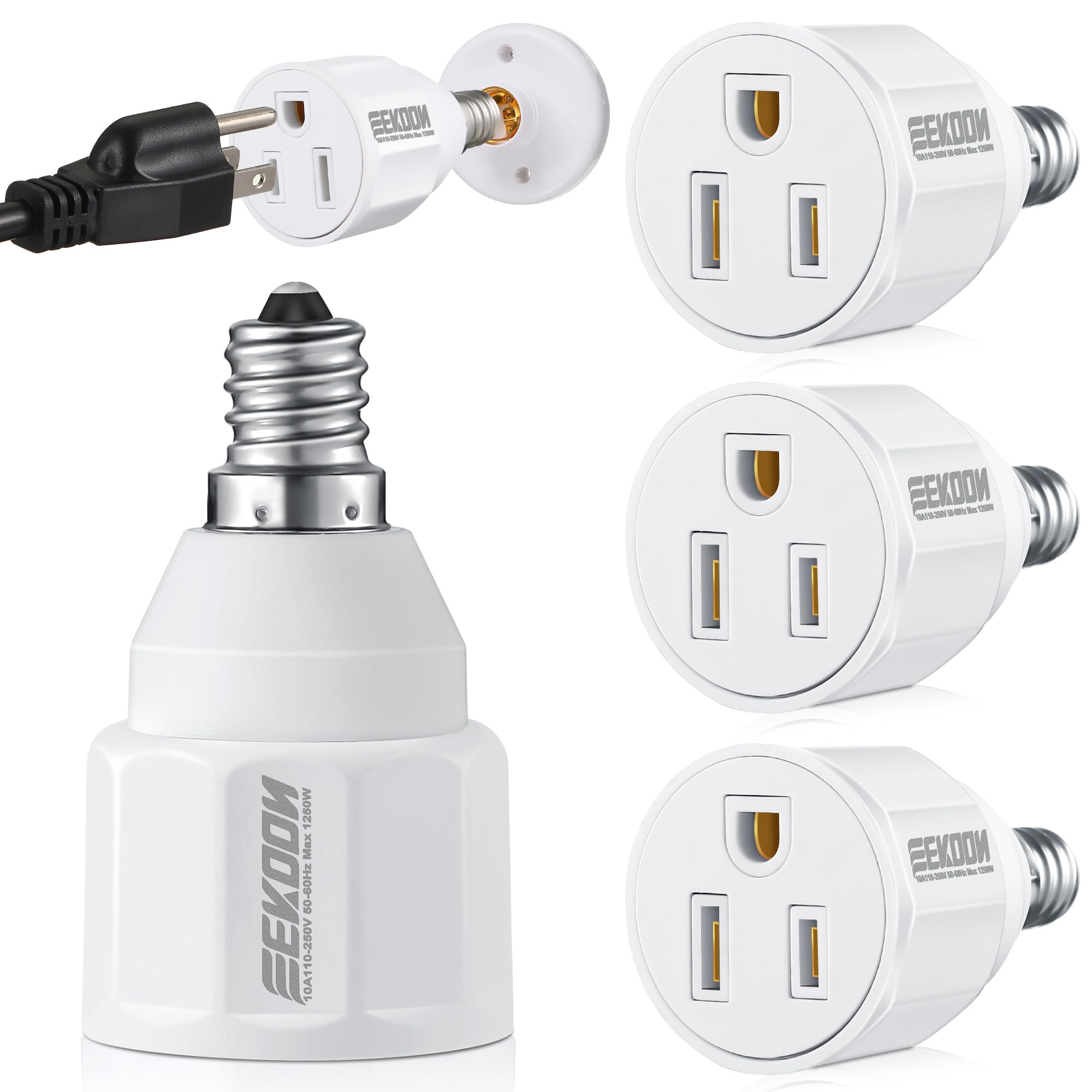Feekoon 4pcs E12 3 Prong Light Bulb Socket Adapter, Polarized Outlet, White