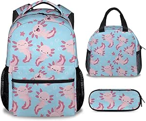 ZPINXIGN Axolotl Backpack Set For Girls | 3-Piece School Bookbag With Lunch Box & Pencil Case | Ages 6-8-784993
