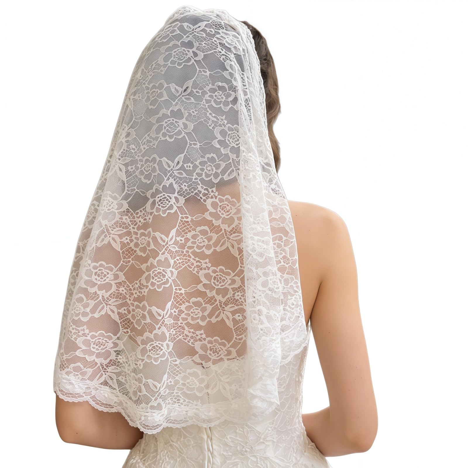 Samheng Women's White Floral Mantilla Veil For Mass Lace Catholic Veils Church Head Covering Headscarf For Short Latin Mass Christian Veils For Funeral Wedding Bride