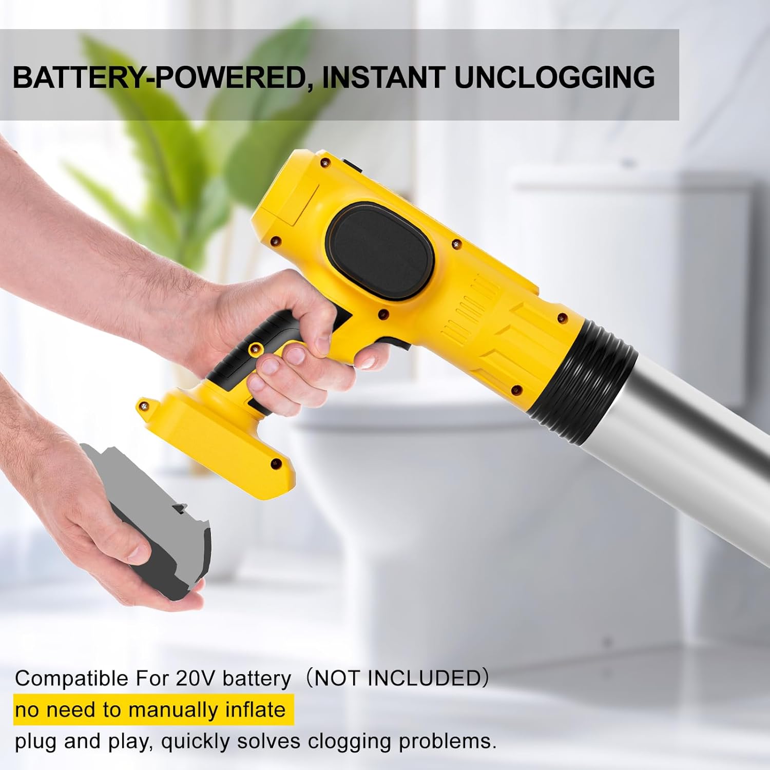 Electric Toilet Plunger Pro Compatible for Dewalt 20V Battery (Not Included) - Cordless Powerful High Pressure Unclogger, Drain Auger with 3 Heads for Bathroom, Safety & Portable Toilet Unclogged Tool