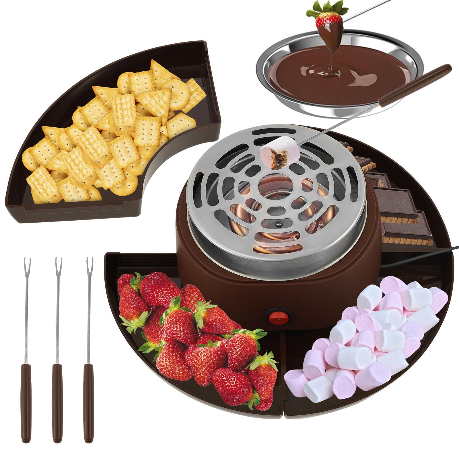 Zestaw do pieczenia czekoladowego fondue z 5 akcesoriami, regulowana regulacja temperatury, średnica 30 cm, idealny na przyjęcia urodzinowe dla dzieci