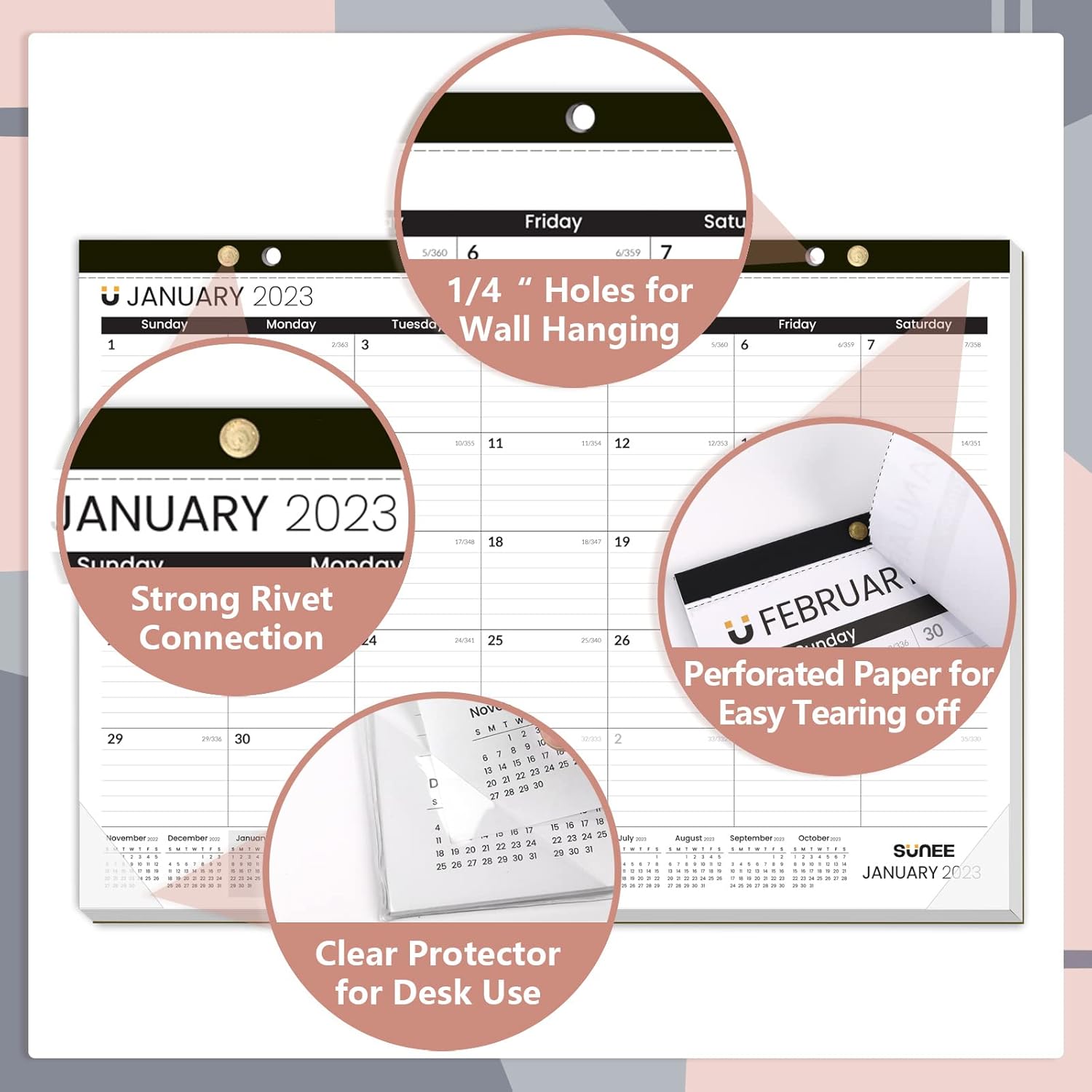 SUNEE Desk Pad Calendar 2023-2024 Large 17x12, 18 Months Black Academic Desk Blotter Calendar, School Year Wall Calendar for Teacher (January 2023 - June 2024) : Office Products