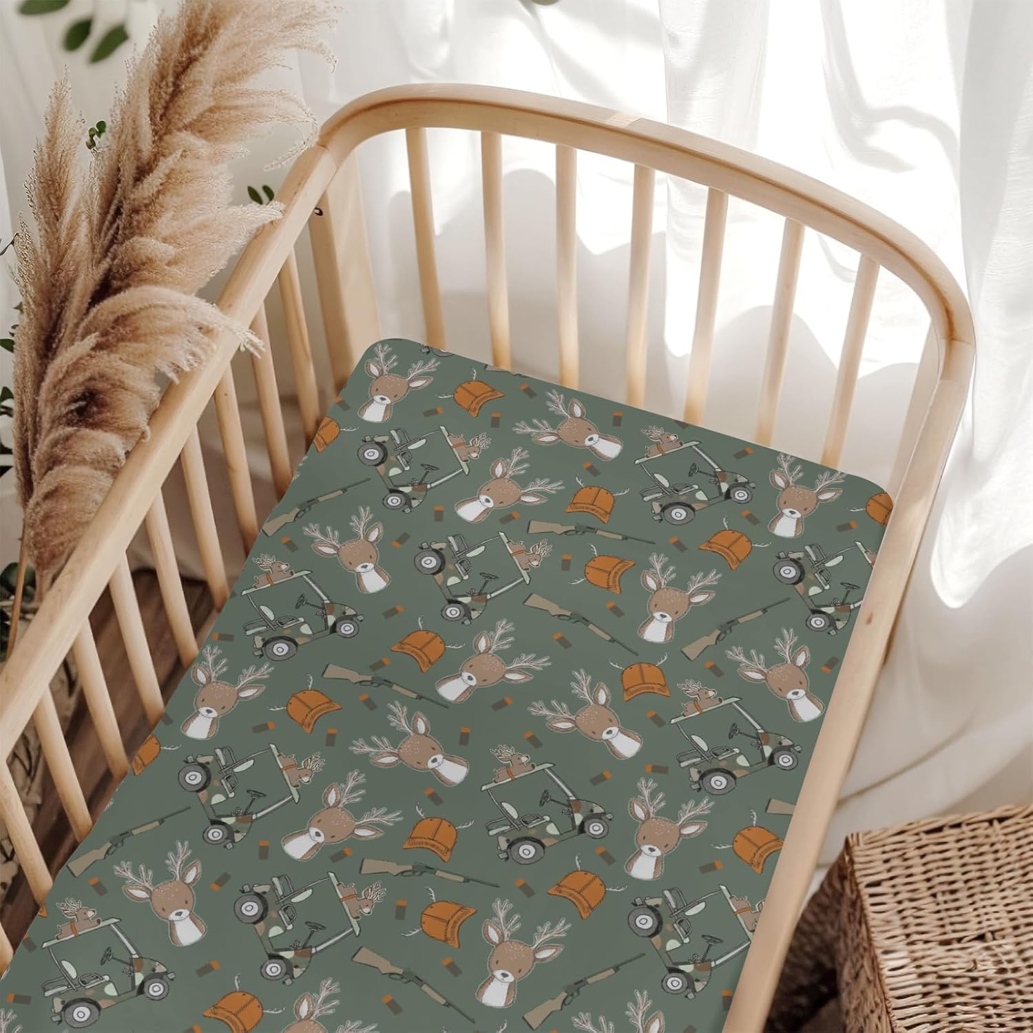 Green Boys Kids Hunting Baby Crib Sheets for Boy 52"x28" Camouflage Deer Hunting Soft Snug Fitted Crib Mattress Cover Animal Hunt Hunter Nursery Baby Sheet for Standard Crib & Toddler Bed Mattress