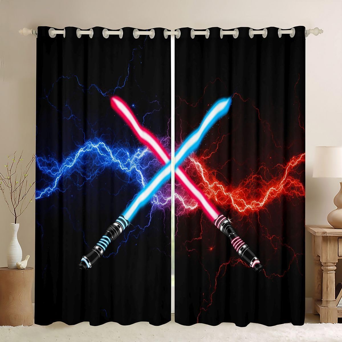 Blue Purple Lightsaber Window Curtain,Neon Glowing Lightning Curtains,Fashion Games Window Treatment Curtain for Kids Boys Girls Teens Room Decor,Modern Black Window Drapes,2 Panels,42Wx84L