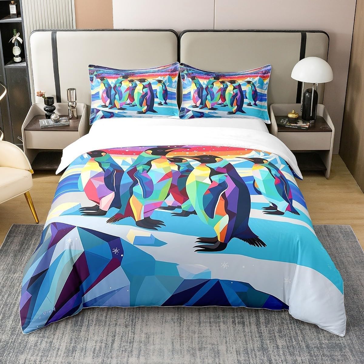 Iceberg Zestawy poszewek na kołdrę 155 x 220 cm, pingwin, jesienna pościel z mikrofibry, 155 x 220 cm, luksusowy zestaw pościeli, nadruk 3D, poszewka na kołdrę z 2 poszewkami na poduszki 50 x 75 cm