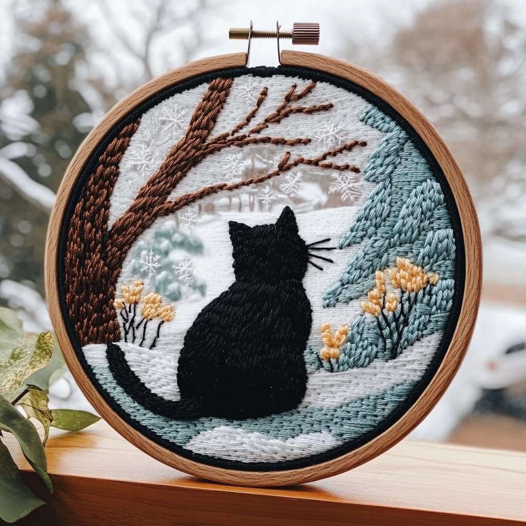 DIY Punch Needle Kits Cute Cartoon Black Cat Back Sit on Window Embroidery Punch Needle Starter Craft with Hoop Easy for Beginners for Festival t and Decoration 20x20cm-1