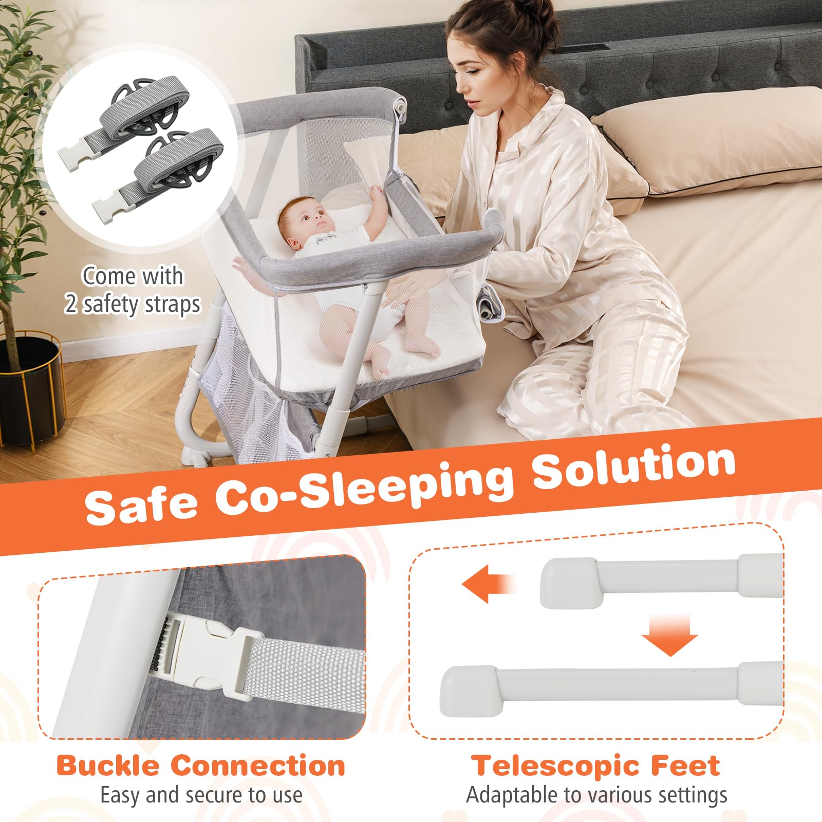 BABY JOY Bassinet, Bedside Crib w/Adjustable Height, Comfy Mattress, Full-Mesh Sides and Storage Pockets for Newborns Infants, Baby Bassinets Bedside Sleeper for Safe Co-Sleeping