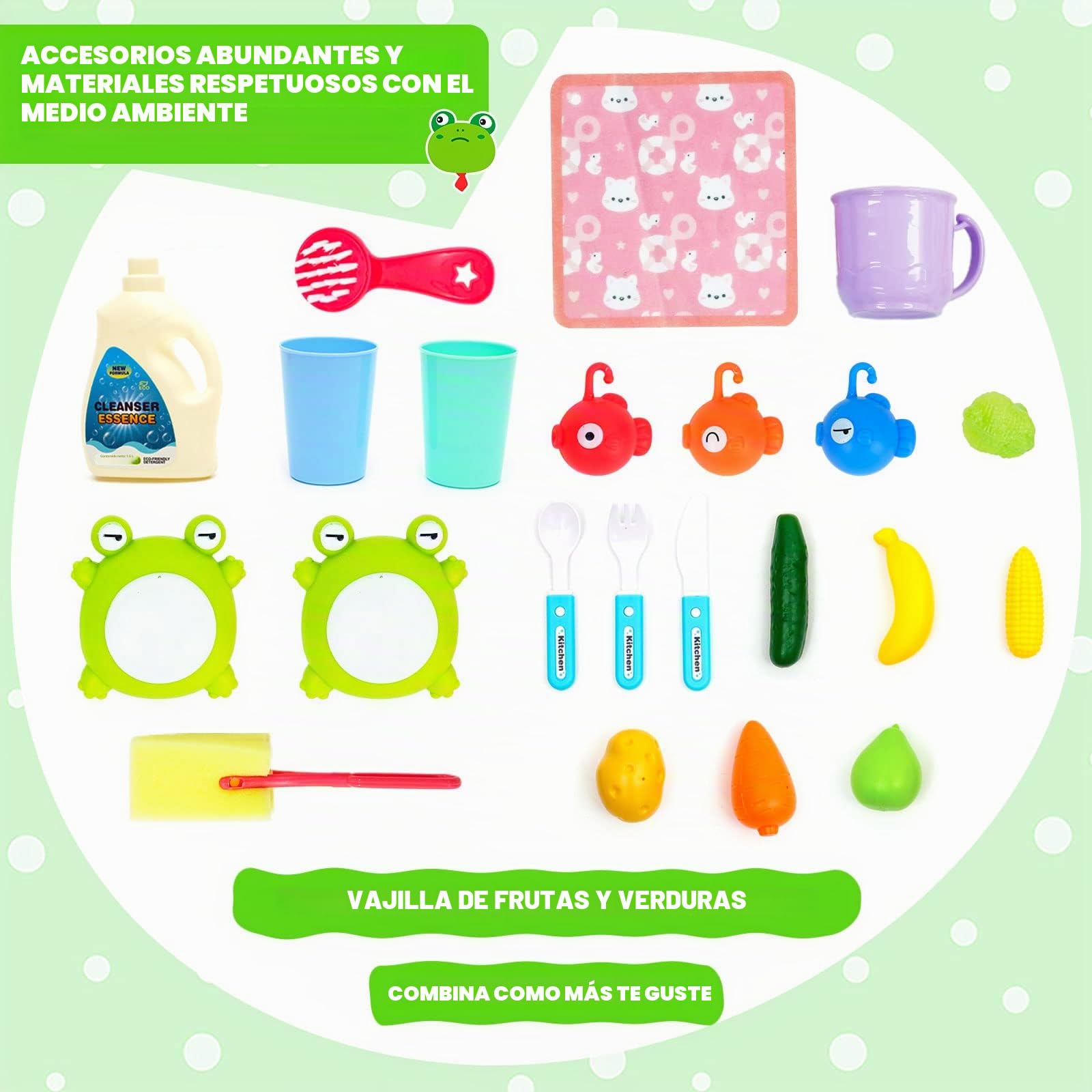 Juego de Juguetes de Cocina 2 en 1, Cocina Infantil con Juego de Pesca y Accesorios de Cocina y Grifo Giratorio de 90°, Fregadero de Juguete de simulación,Juguete de Rol para niños pequeños