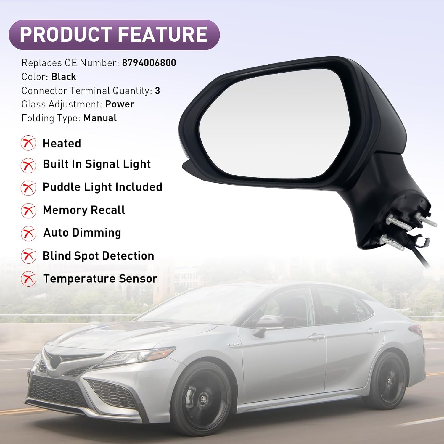 Driver Side View Mirror Compatible With Toyota Camry 2018-2022 3-Pins Manual Folding Power Glass Non Heated Non Blind Spot Rear View Mirror
