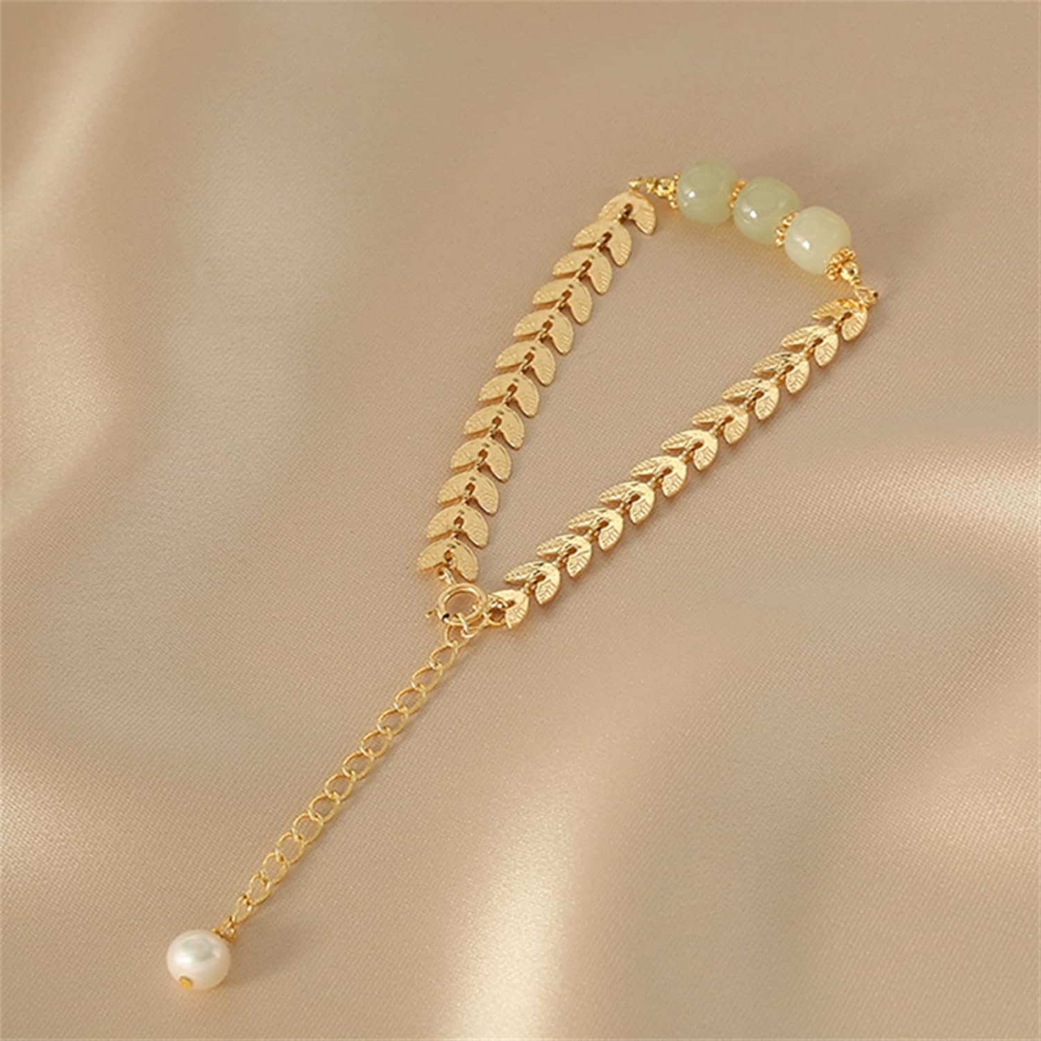 Natural Hetian Jade & Pearl Necklace Bracelet Adjustable Jewwlry Chain for Women, Gold Wheat-ear Beads Charm Pendant Jewelry Gift for Mom Lover Her - Image 3