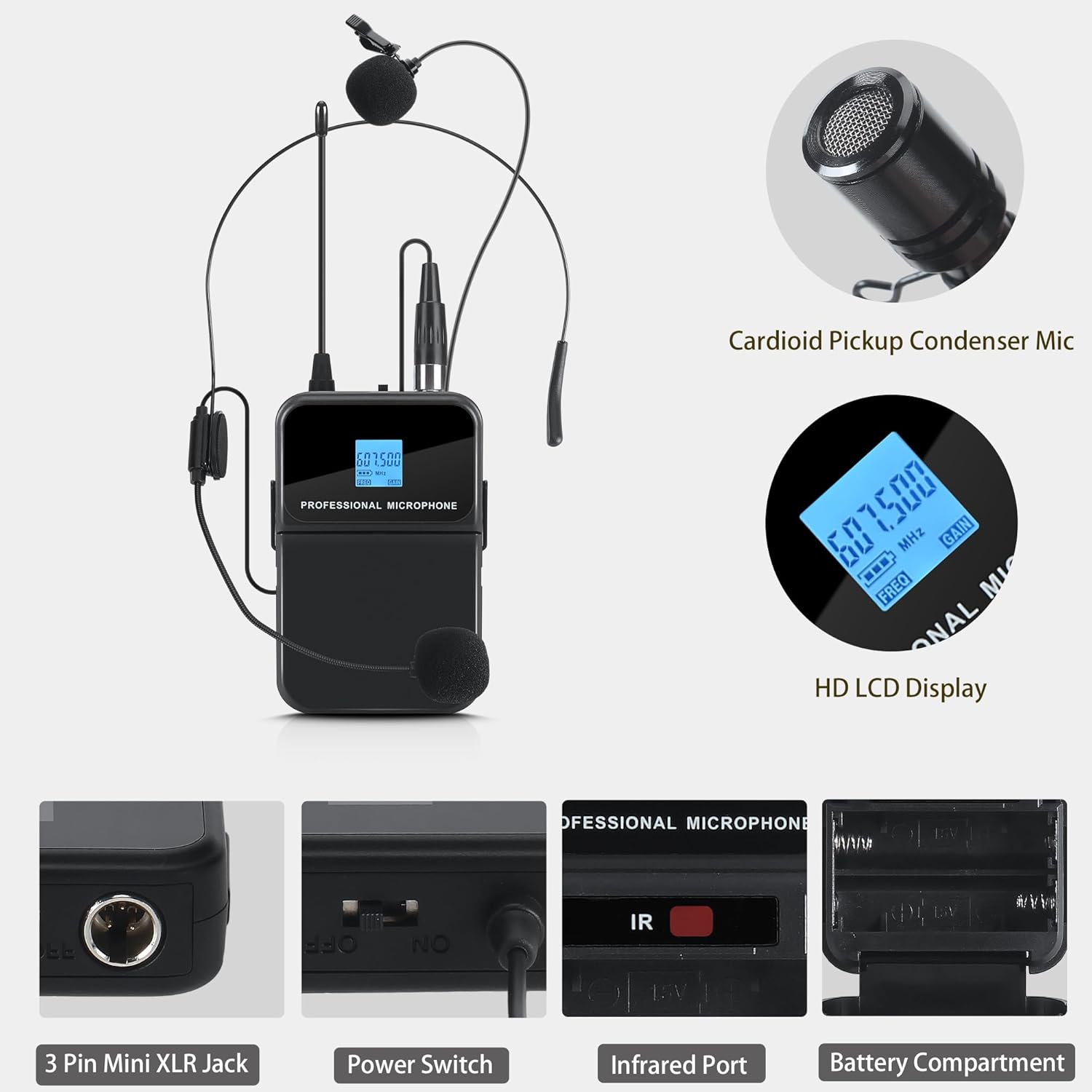 Diagram of the MIZISNR UG-240 receiver unit, highlighting the front panel with LCD displays, control buttons, and power switch, and the rear panel with power input, mix output, and individual XLR outputs.