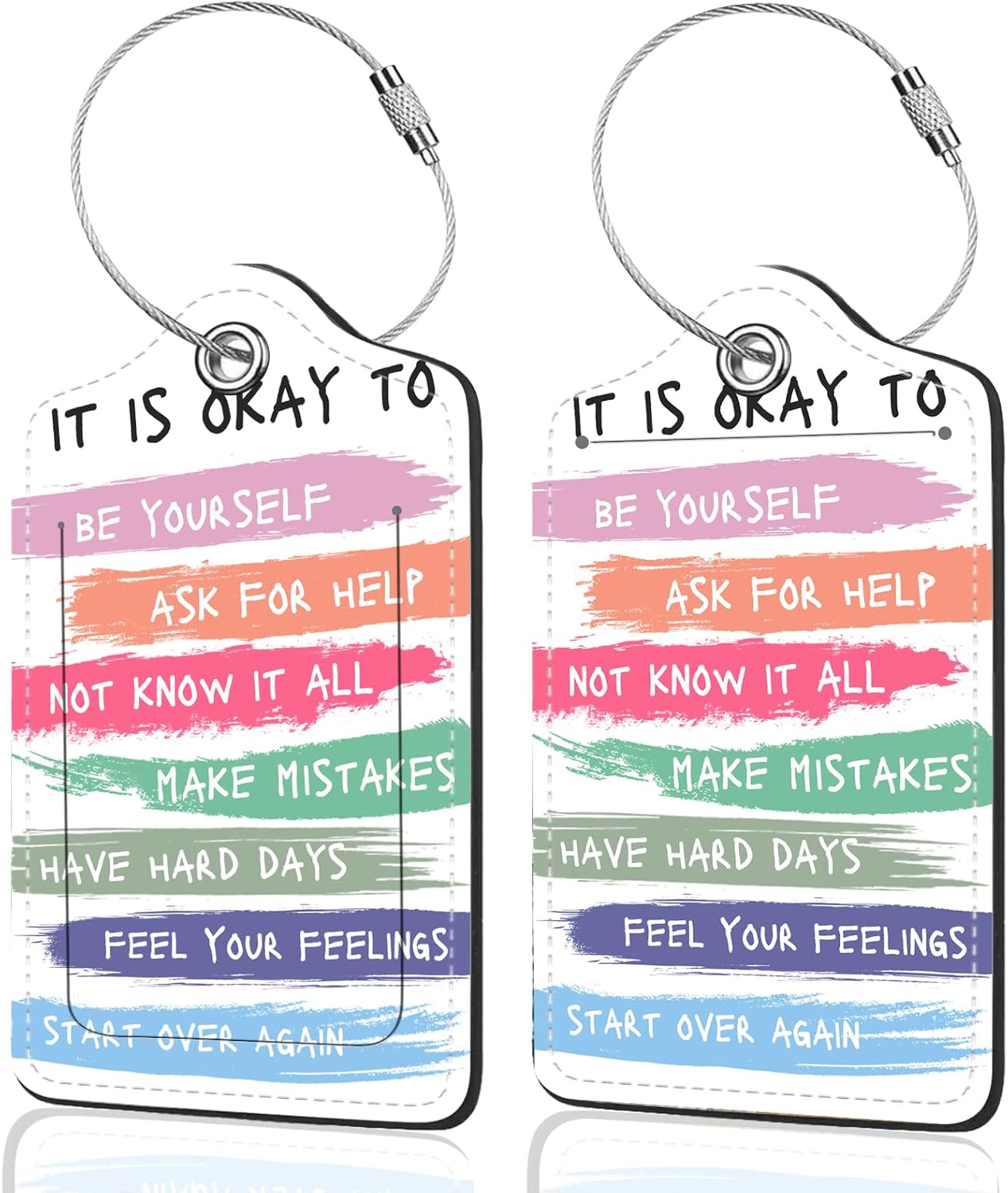 2Pack Luggage Tags for Suitcases, Cute Unique Pu Leather Cruise Luggage Tag with Privacy Cover ID Label Address Card and Metal Ring Suitable for Women Men Kids Travel Bag Inspirational Language