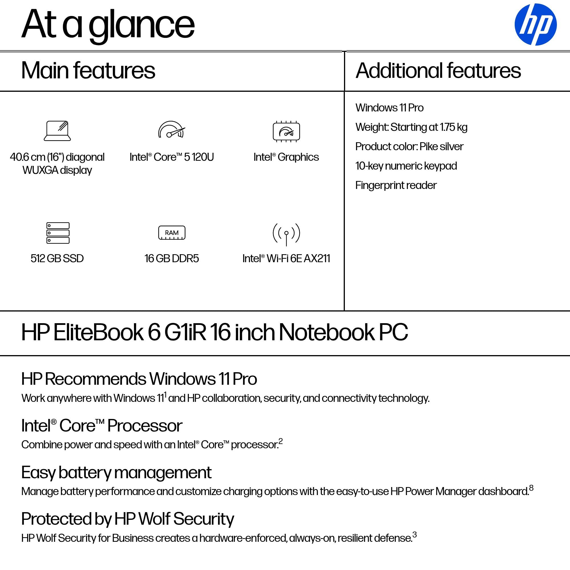 HEWLETT PACKARD HP EliteBook 6 G1iR | Display da 16" 1920 x 1200 | Intel Core 5-120U | 64GB RAM | 256GB SSD | Windows 11 Pro Notebook Laptop | 1 anno di garanzia (ricondizionato)