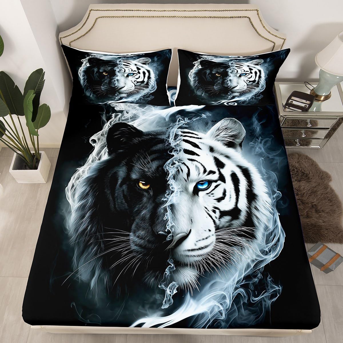 Tiger Kids Fitted Sheet Twin Size,Chinese Style Black and White Bed Sheet 2Pcs,Boys Girls Bedroom Decor,3D Wild Animals Print Deep Pocket Sheet,1 Pillowcase