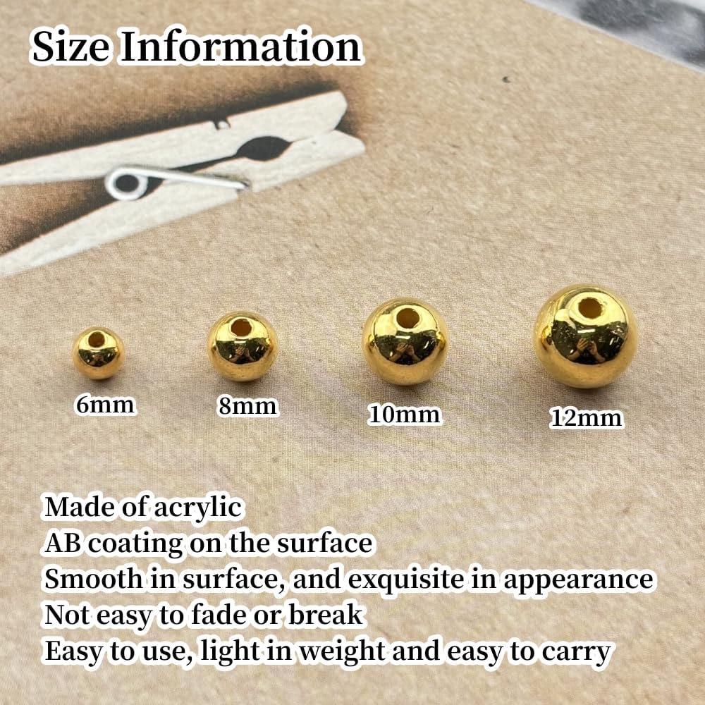 200g Pearl Beads 6mm 8mm 10mm 12mm Pearl Craft Beads Pearls Round Bulk Pearls for Bracelet Necklace Jewelry Making DIY Sewing Crafts Home Decoration Vase Filler(Gold) - Image 2