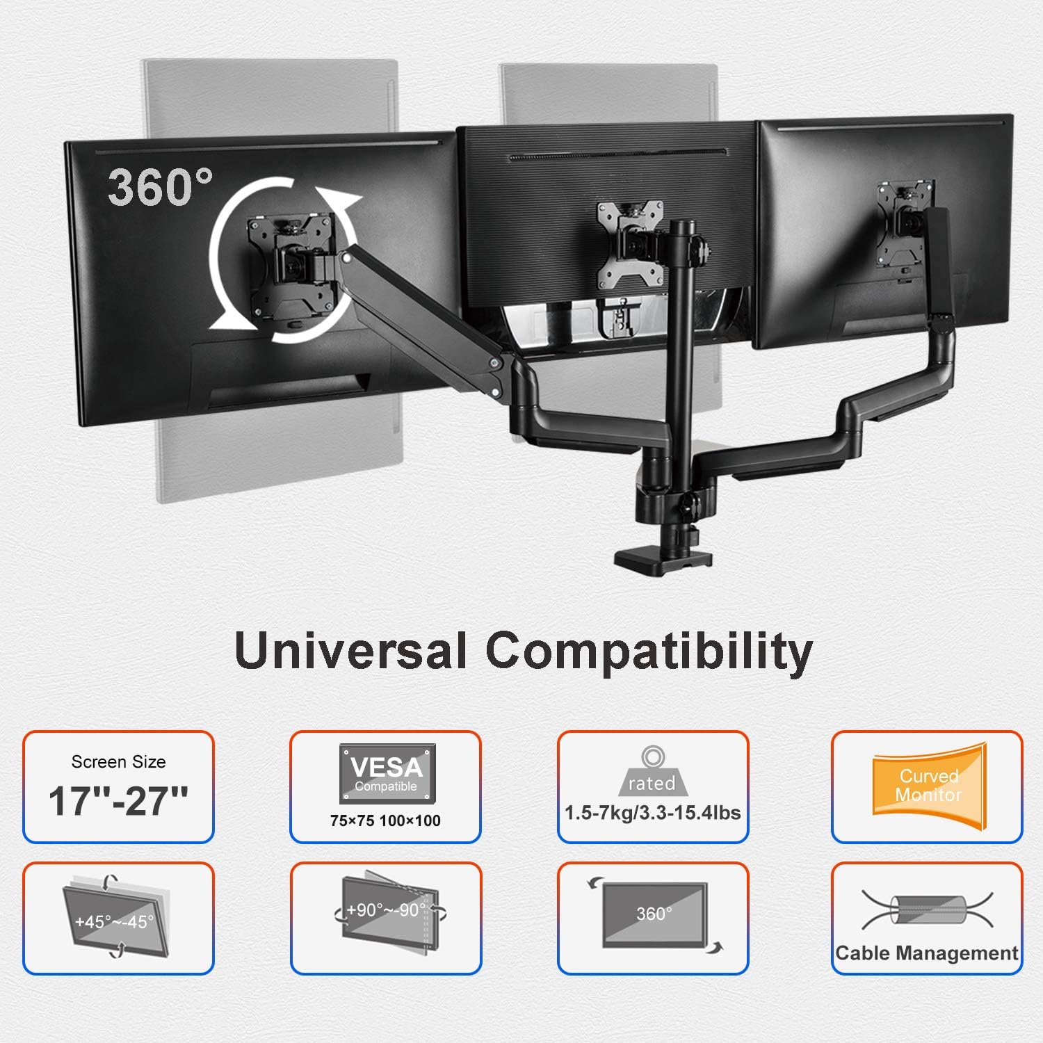 Super Deal Product Triple Monitor Mount Desk Stand - 3 Premium Aluminum Full Motion Gas Spring Height Adjustable Arms Fits Three 17-27 VESA Screens - C-Clamp and Grommet Bases Included