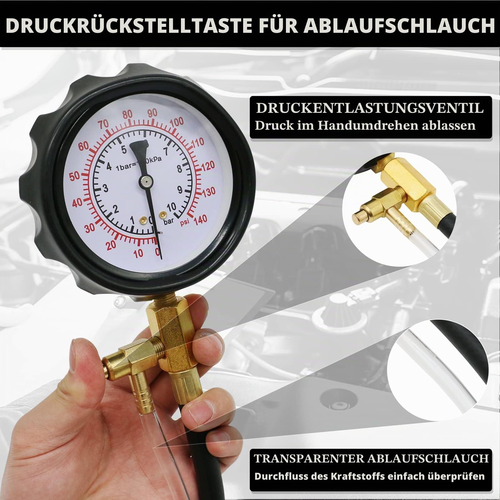 Kraftstoffdruck-Tester-Set, 0–100 PSI, 3-Größen-Adapter, Kraftstoffpumpen-Drucktester, mehrere Verbindungsmethon für Auto, LKW, Motorrad