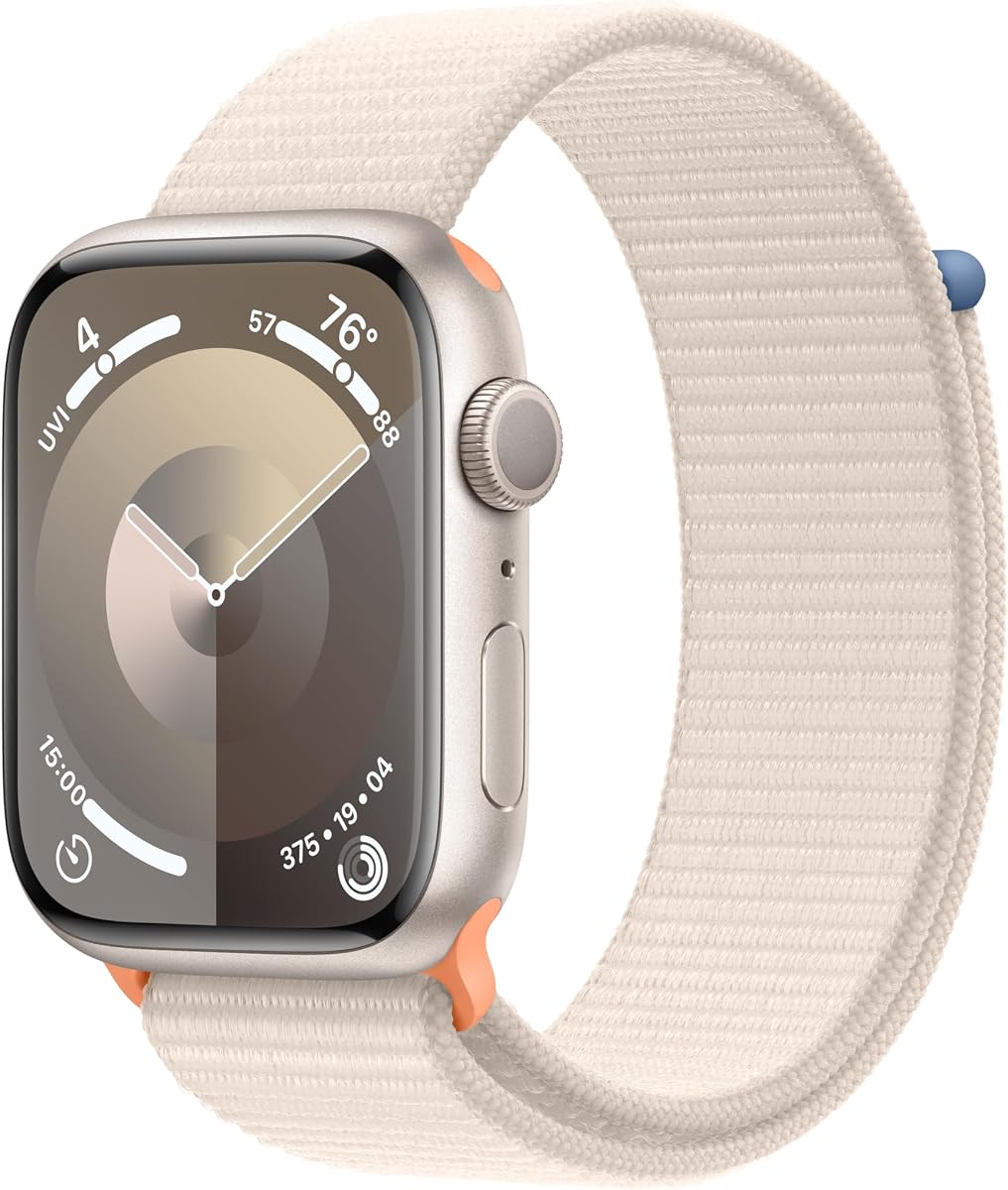 Apple Watch Series 9 [GPS 45 mm] Smartwatch con estuche de aluminio Starlight con lazo deportivo Starlight de talla única. Fitness Tracker, aplicaciones de ECG, pantalla de retina siempre encendida, carbono neutro