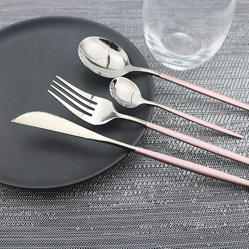 Miniatura 3 de JASHII Juego de 4 cubiertos de acero inoxidable 304 de color rosa y plateado, pulido con espejo, cuchillo, tenedorcuchara, moderno y elegante juego