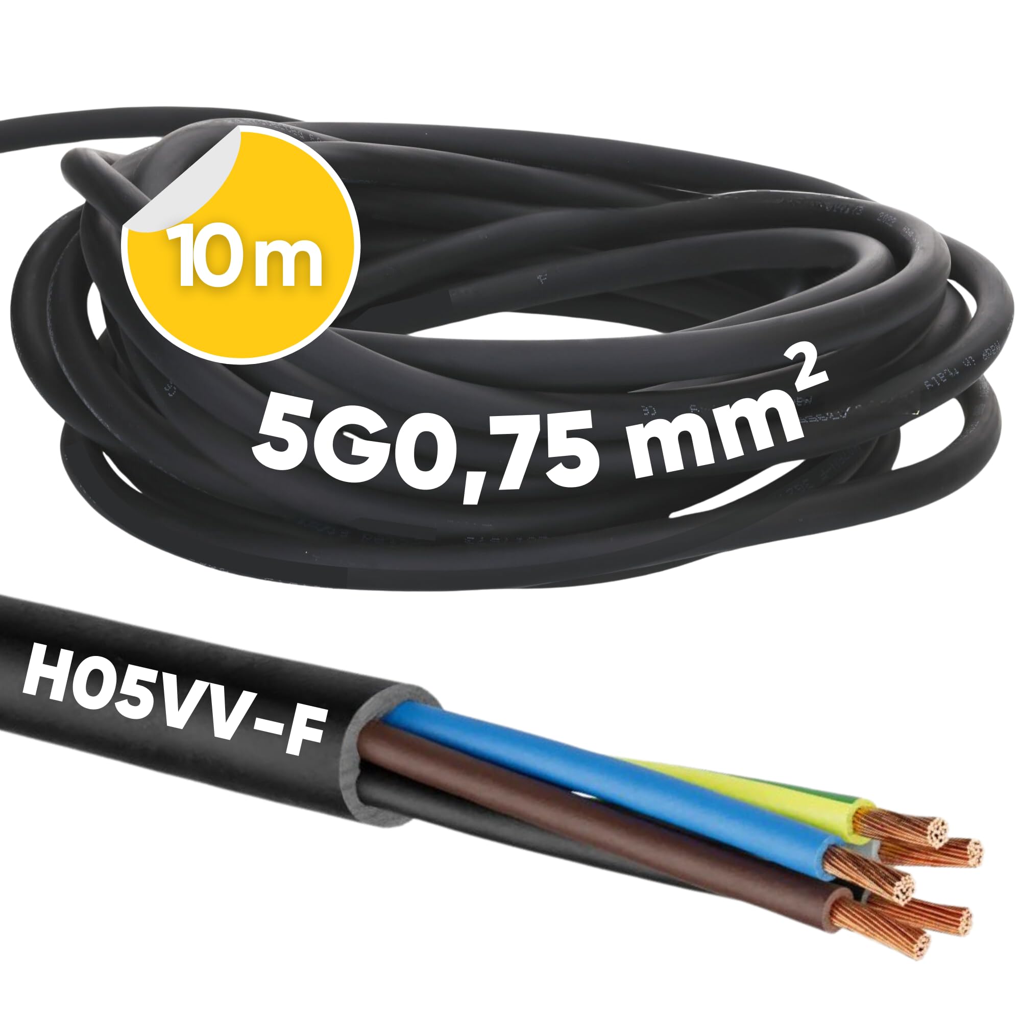 Kalitec H05VV-F Câble flexible de 10 m - 5 x 0,75 mm² - Câble d'alimentation 5G0,75 mm² avec conducteur de protection - Câble en PVC pour l'intérieur - Câble électrique noir - Câble de lampe flexible