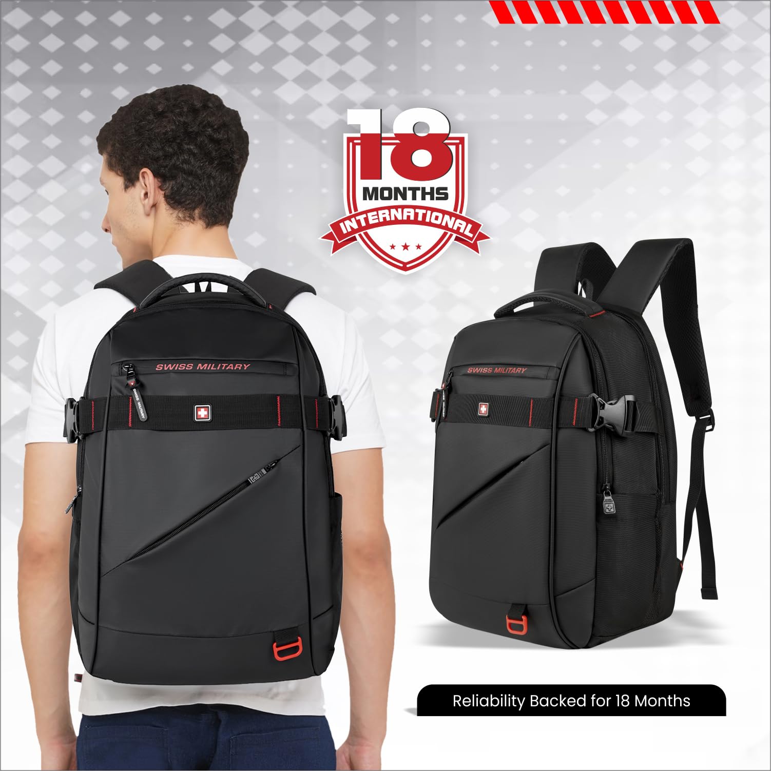 SWISS MILITARY 30L Laptop Travel Backpack for 15.6 Inch Laptop, Unisex Office & College Bag with Luggage Strap, Anti-Theft Pocket, Detachable Key Ring & Expandable Bottle Pocket Black — Amazon image 7