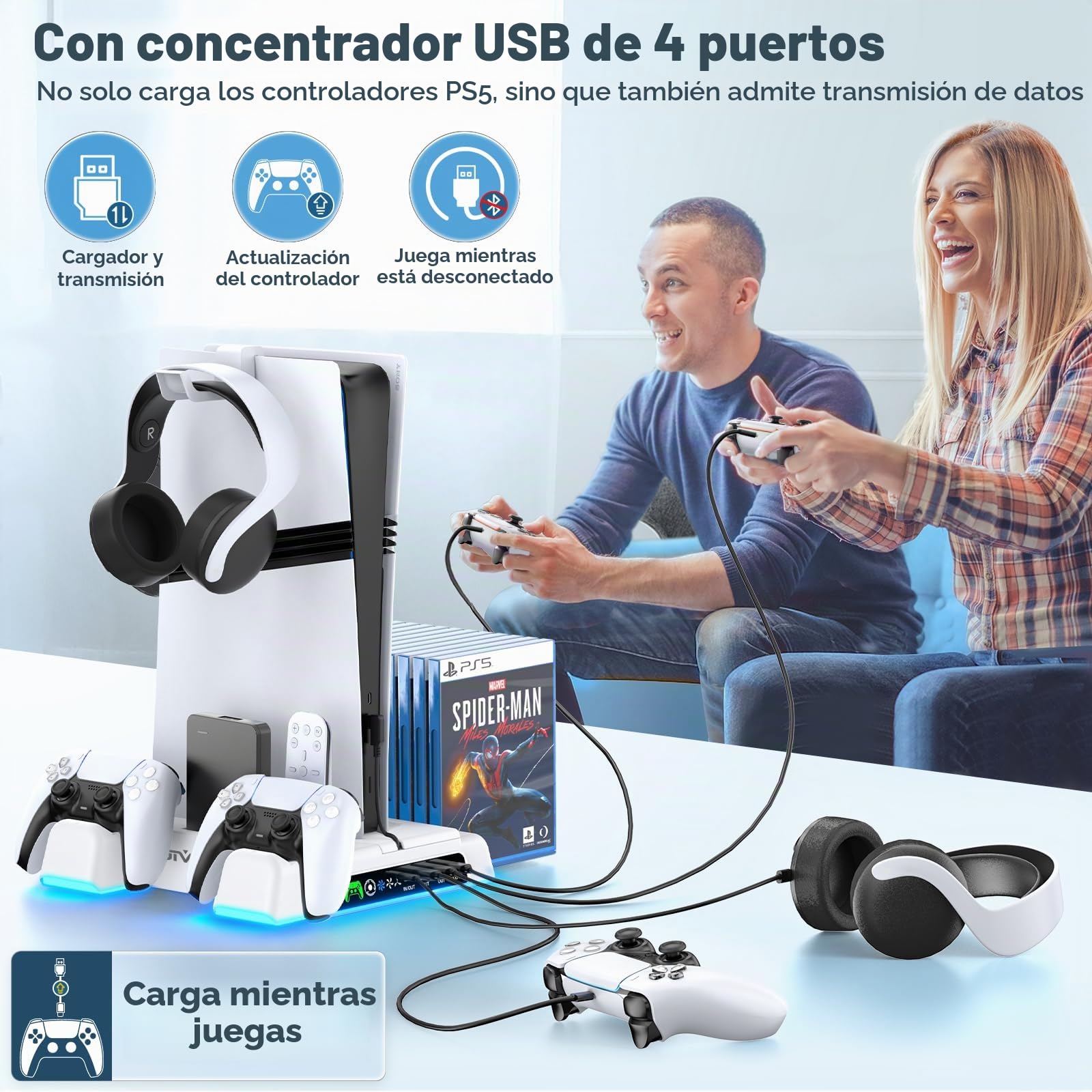 OIVO Soporte para PS5/PS5 Slim/PS5 Pro con Ventilador de 3 Velocidades, Cargador para Mando PS5, Soporte PS5 Vertical con 3 Puertos USB y Ranuras de 14 Juegos, Almacenamiento para PS5