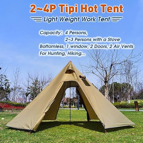 Miniatura 2 de Tienda de campaña piramidal Tipi Hot Tipi con agujero de estufa Ventanas al aire libre Camping Tienda de campaña familiar Tipi para