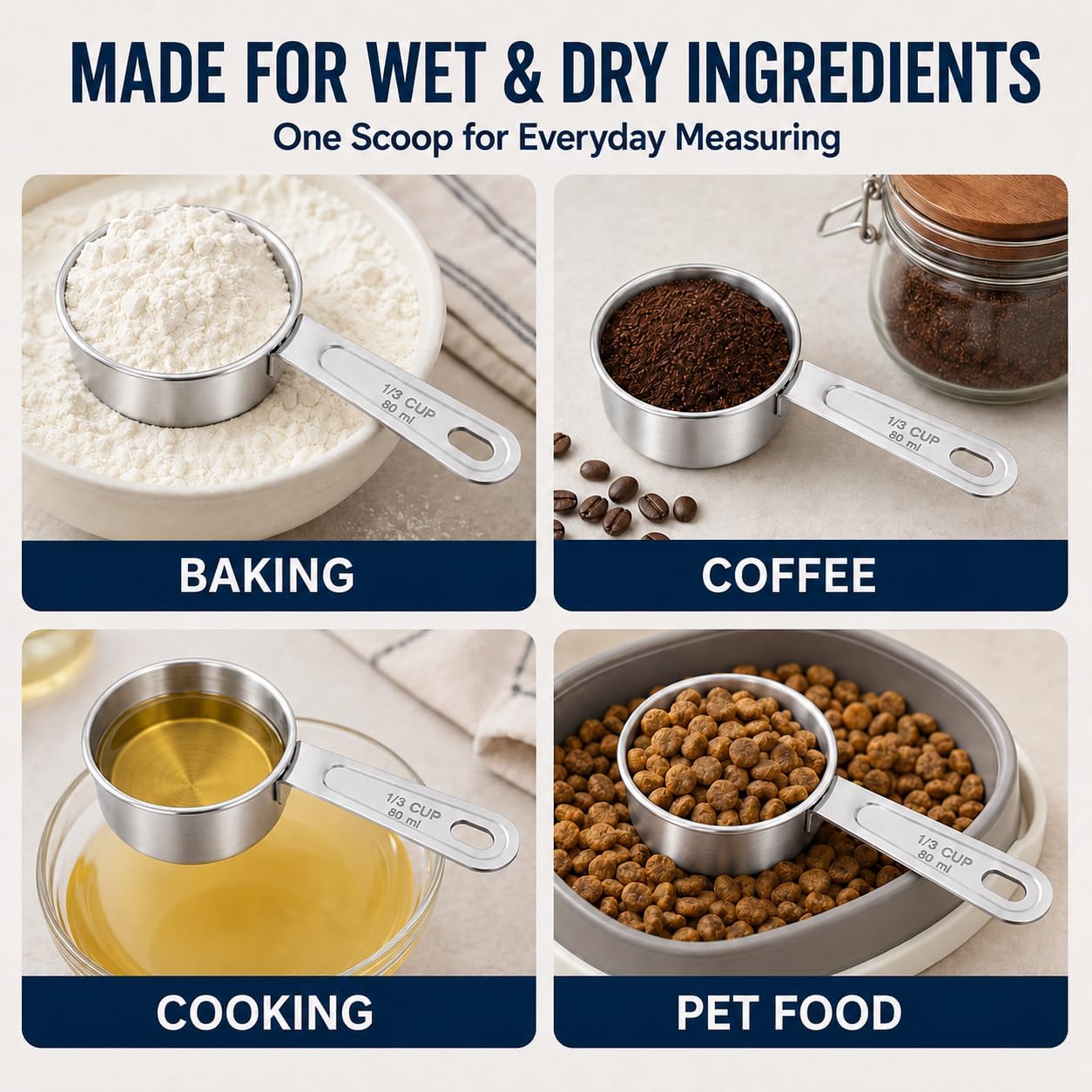 2 Pcs 1/3 Cup Measuring Cup, Stainless Steel Food-Grade 80ml Dog Food Scoop