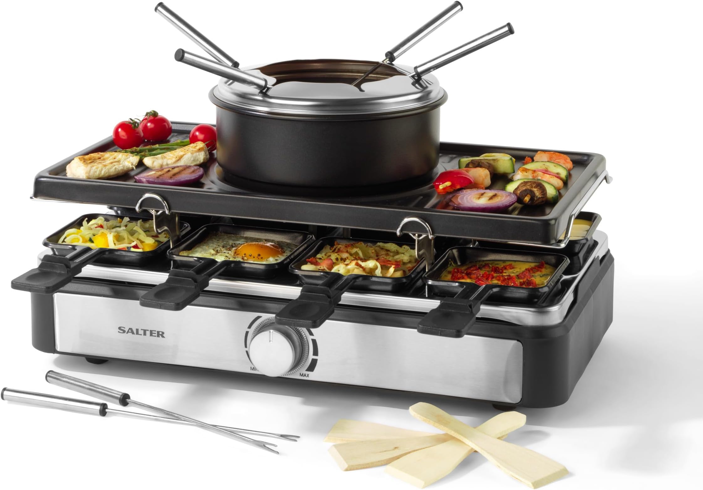 Salter Electric Raclette Grill & Fondue - 2-in-1 Smokeless Indoor Grill, 1.3L Chocolate Melting/Cheese Fondue Pot, 6 Forks, Adjustable Temperature, 8 Non-Stick Pans & Wooden Spatulas, 1400W