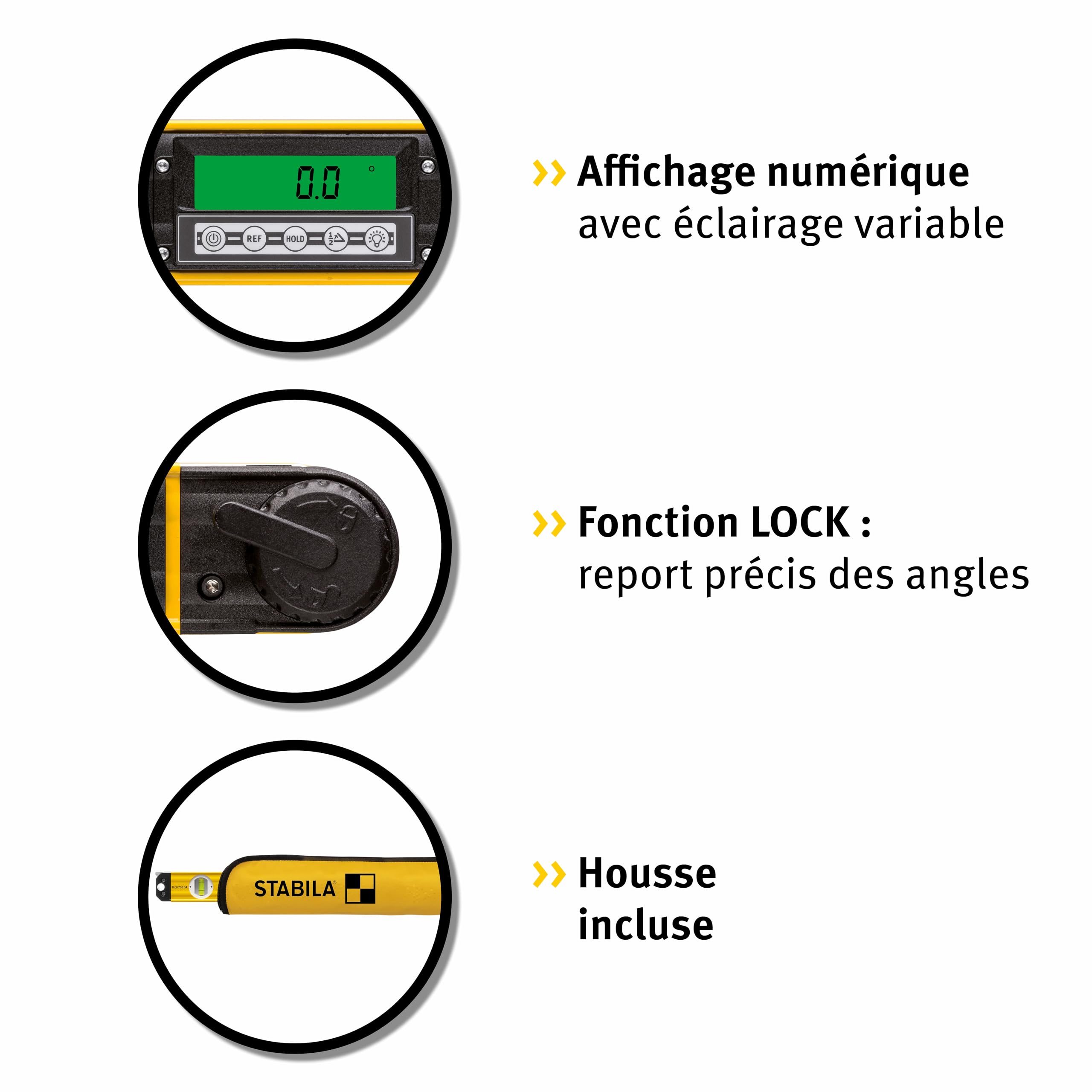 STABILA Rapporteur angle électronique TECH 700 DA, 80 cm avec affichage numérique, mesure 0-270°, degrés, 1 fiole horizontale, 1 verticale, classe protection IP54, étui
