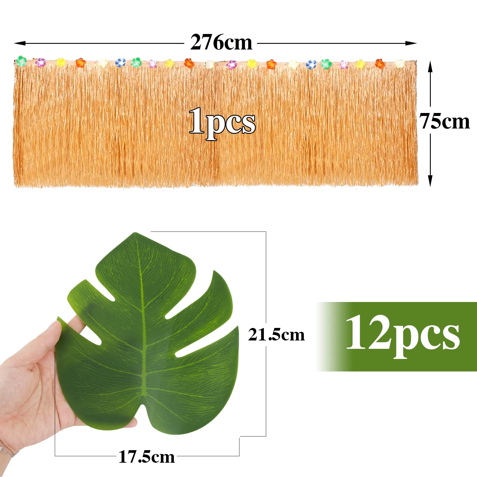 Hawaii Party Tischröcke 276x75cm Gras Tischrock und 12 Pcs Künstliche Palmenblätter Tisch Ornamente Hawaii Tischdekoration für Strandparty Tropische Sommer Party Luao Party Poolparty Aloha Party usw.