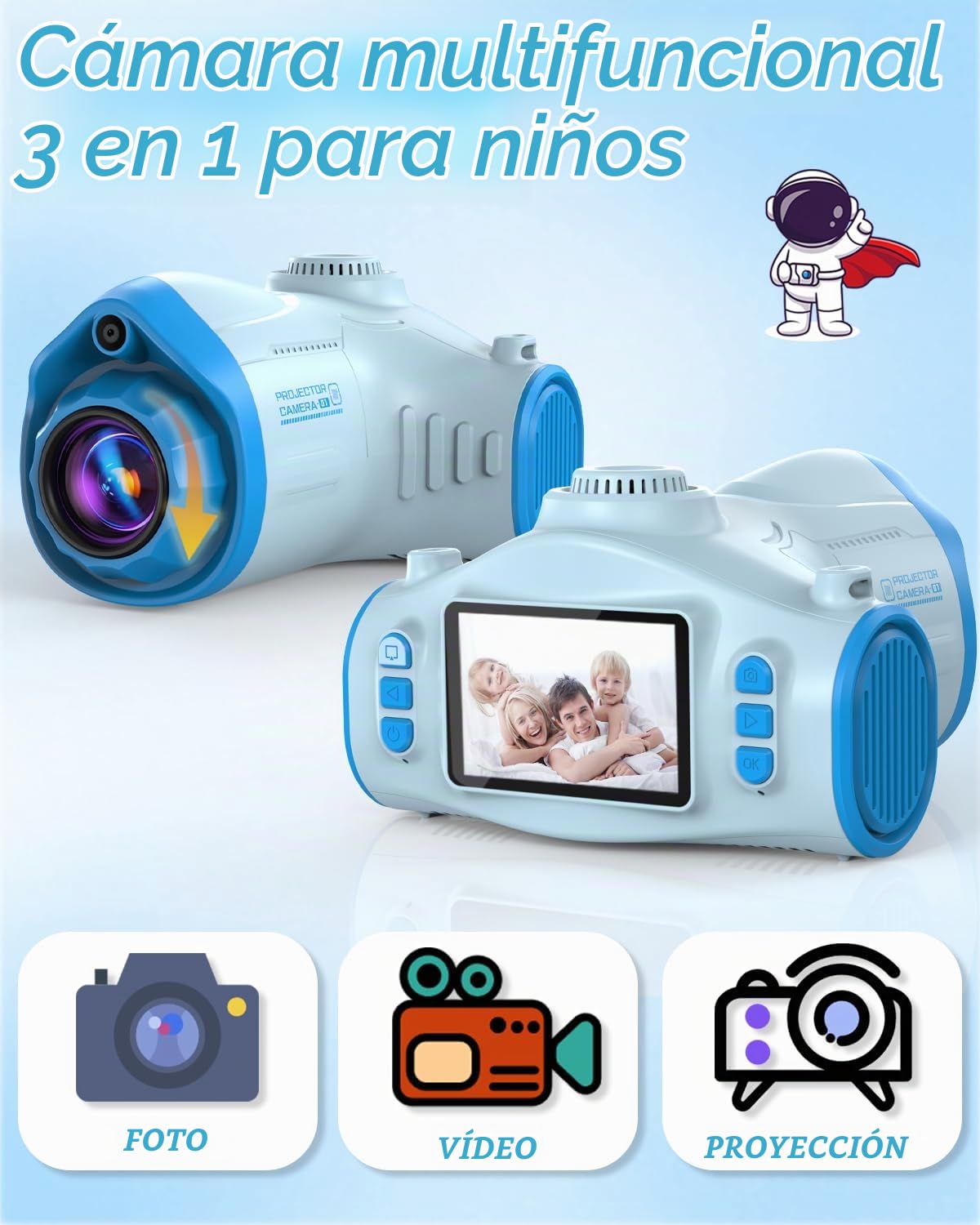 Cámara Fotos Infantil, 3 en 1 Proyector Cámara para Niños 48MP 1080P Cámara de Fotos Niños con Trípode Tarjeta de 32 GB Batería de 2500 mAh, Regalo para 3 4 5 6 8 7 9 10 11 12 Años Niños y Niñas, Azul